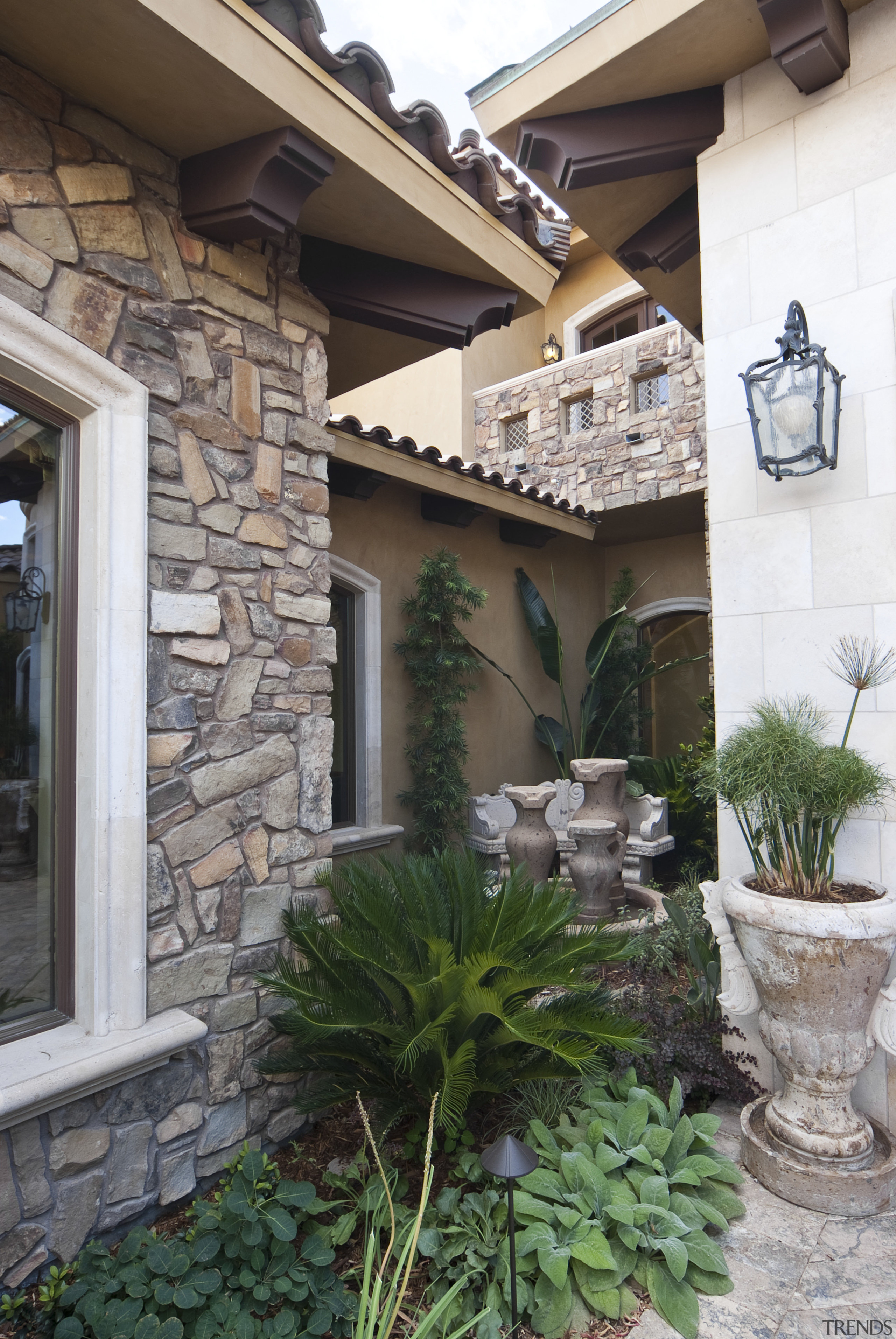 View of garden - View of garden - courtyard, estate, facade, home, house, landscaping, outdoor structure, plant, property, real estate, window, yard, gray