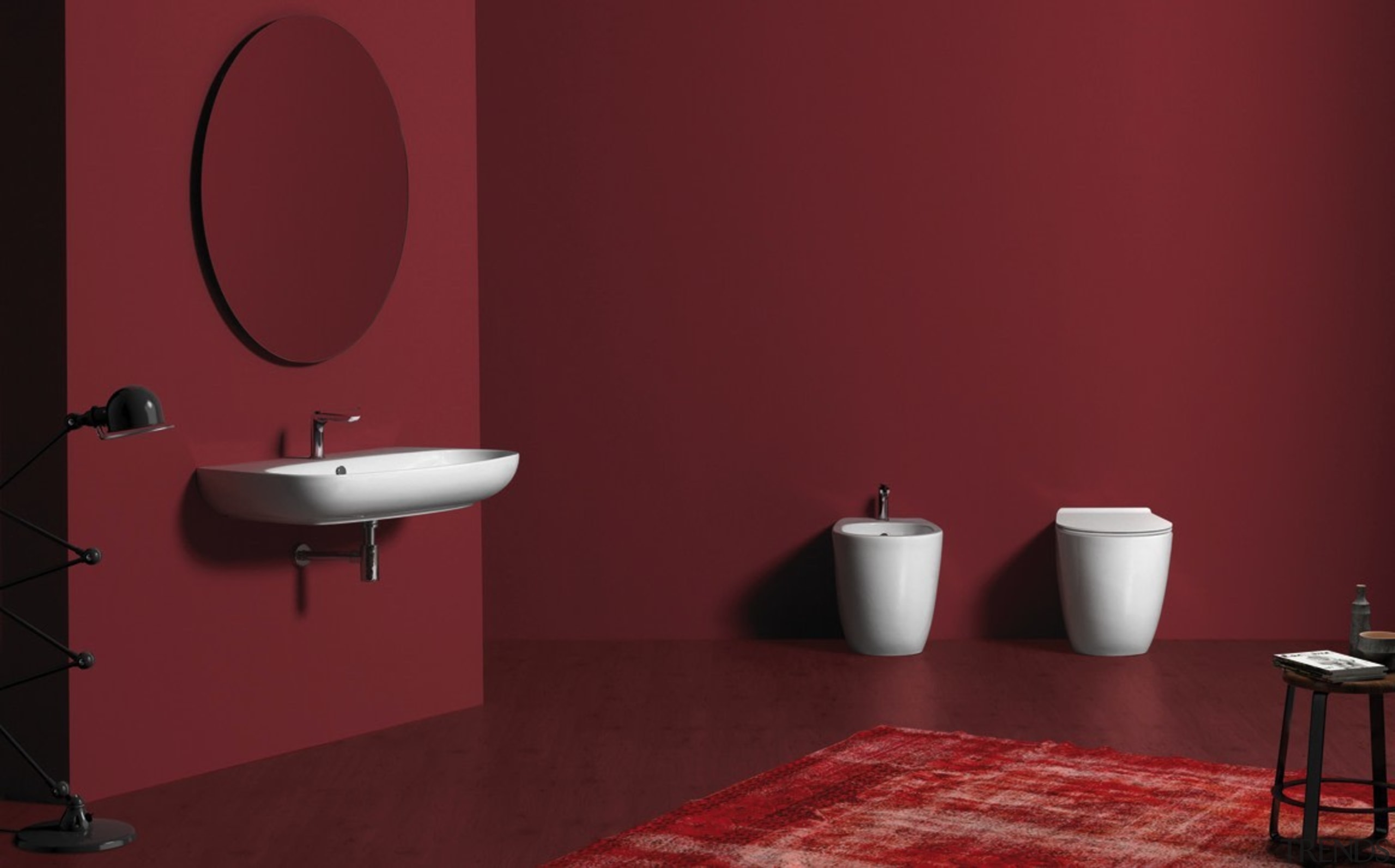 Vignoni 05 - bathroom | bathroom accessory | bathroom, bathroom accessory, ceramic, floor, flooring, interior design, plumbing fixture, purple, red, room, tap, tile, toilet, wall, red