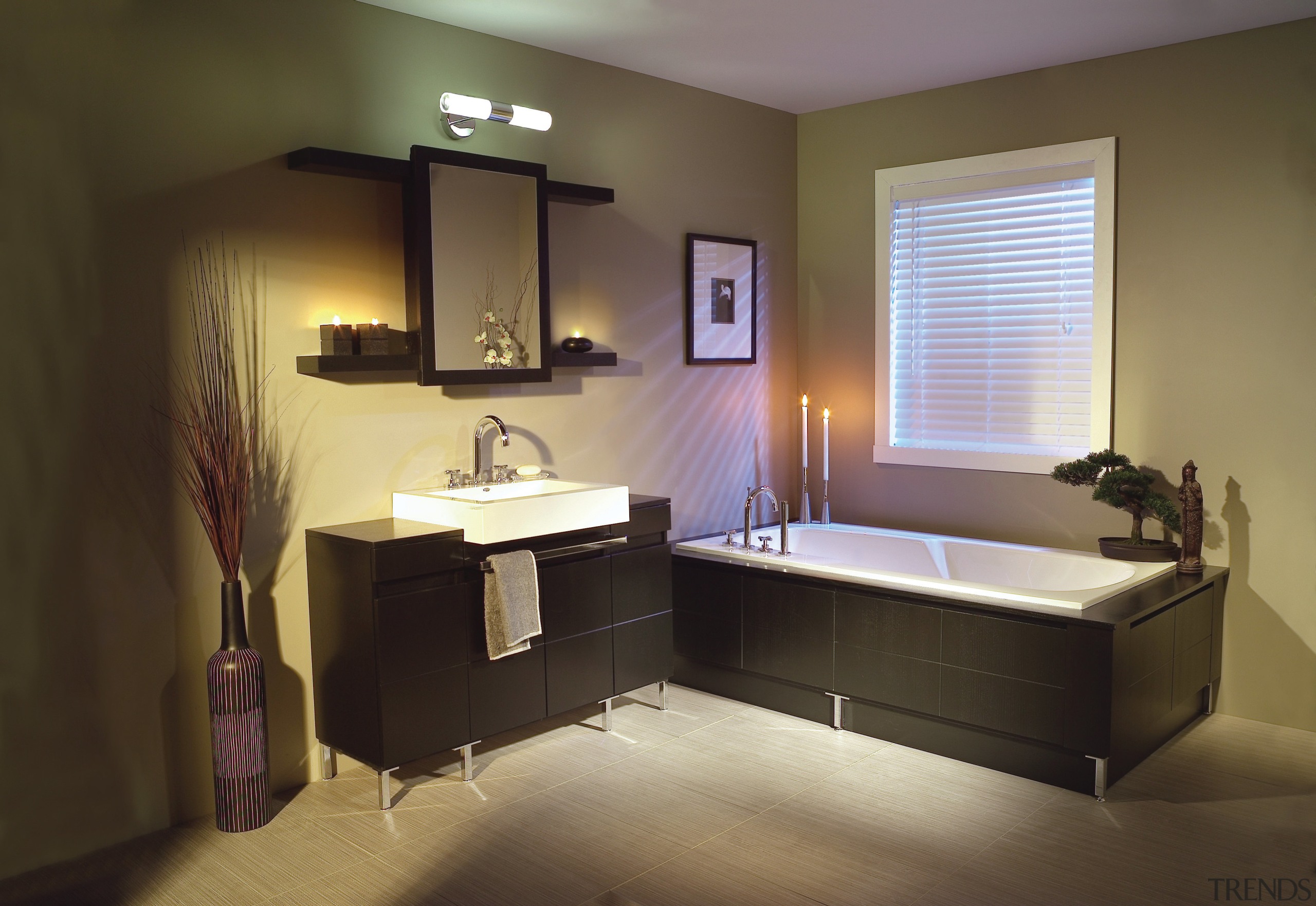 Image of a bathroom which features an integrated bathroom, bathroom accessory, interior design, room, sink, brown