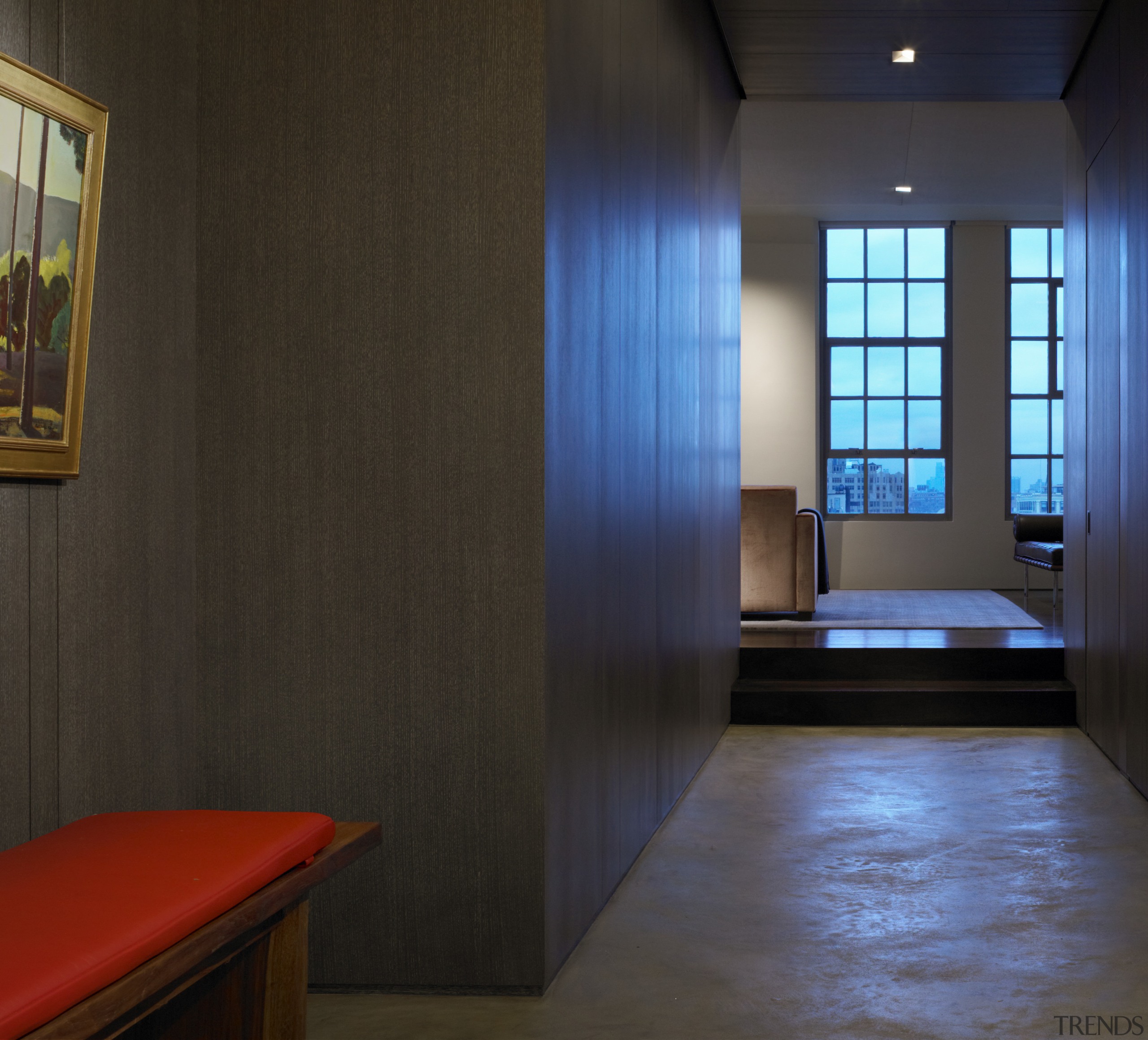 View of this contemporary apartment that has been architecture, ceiling, daylighting, floor, flooring, interior design, lighting, lobby, room, wall, window, wood, black