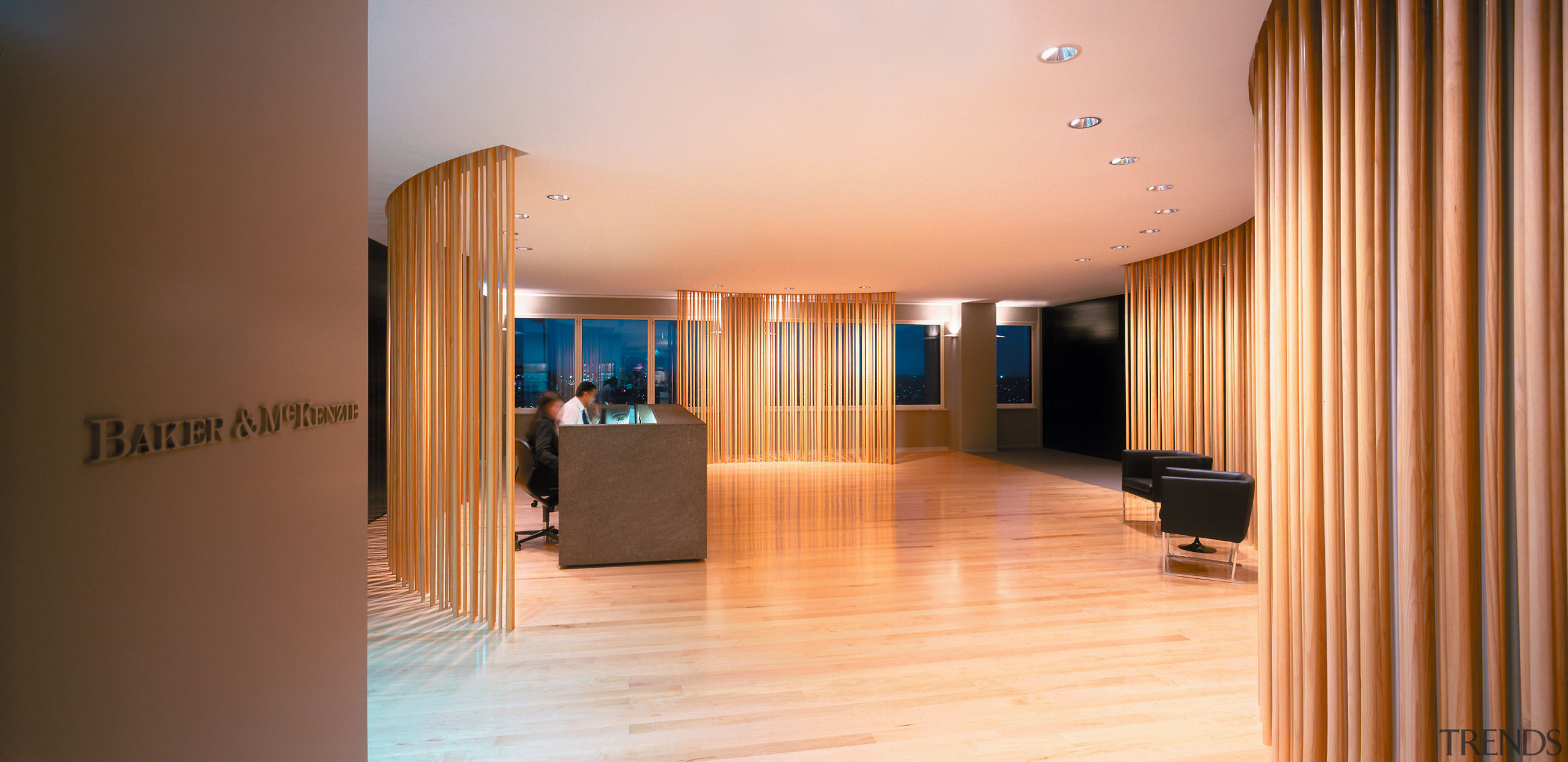 A view of the reception area, cream walls, apartment, ceiling, floor, flooring, hardwood, interior design, lobby, real estate, room, wood, brown, orange