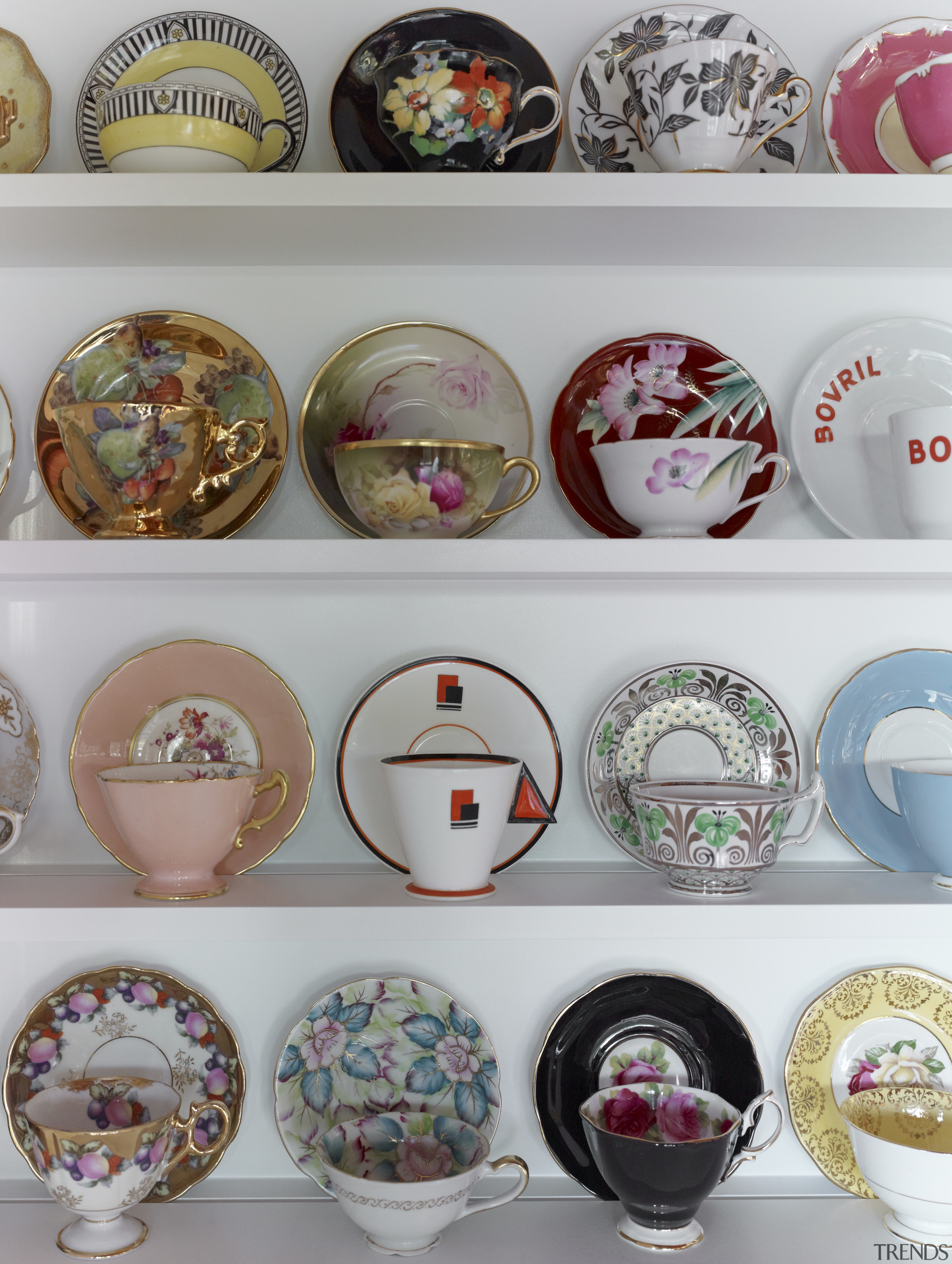 Tea cup and saucer collection in Mid-century Modern ceramic, dishware, plate, porcelain, tableware, gray