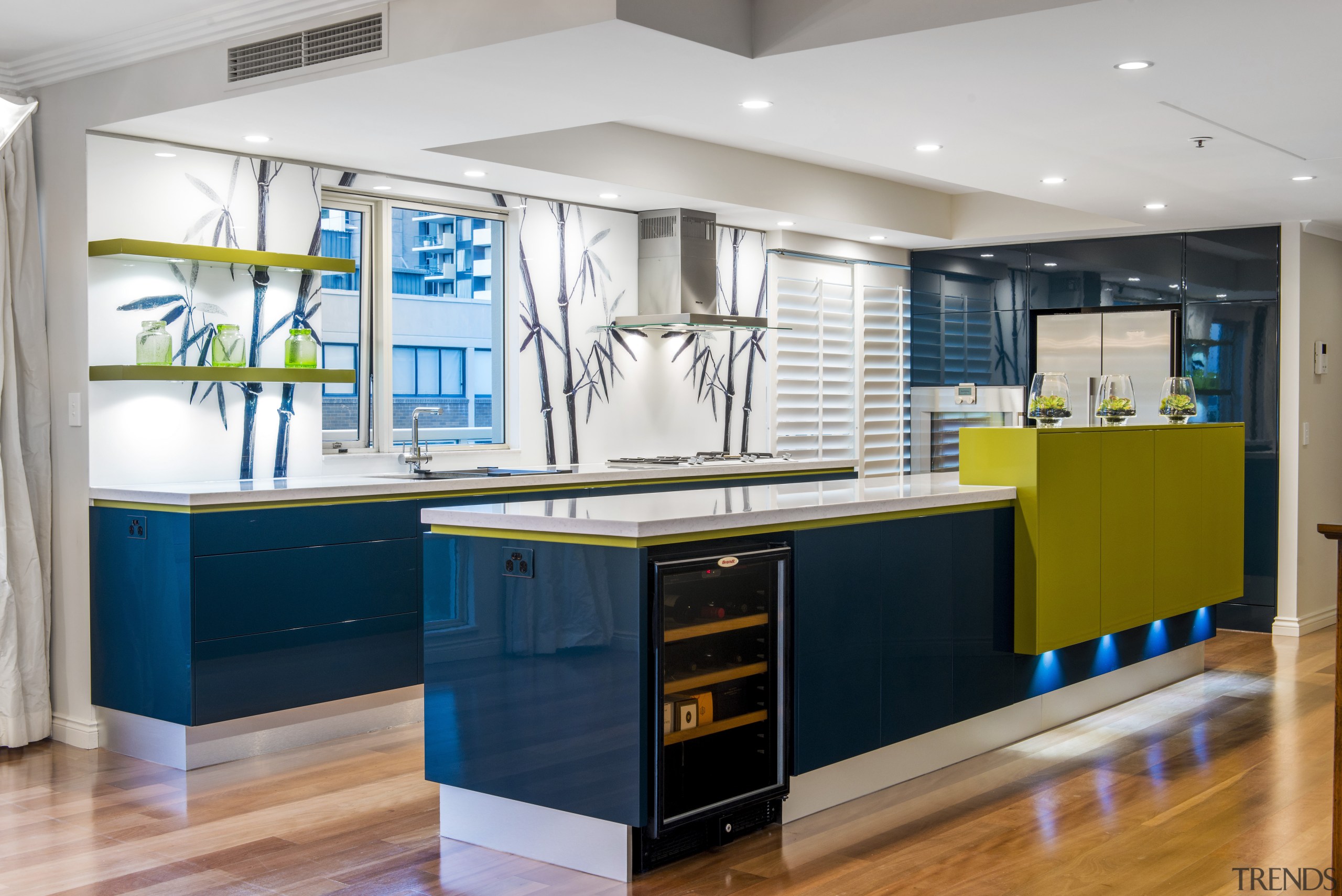 A custom backpainted glass splashback featuring bamboo plants countertop, interior design, kitchen, real estate, gray