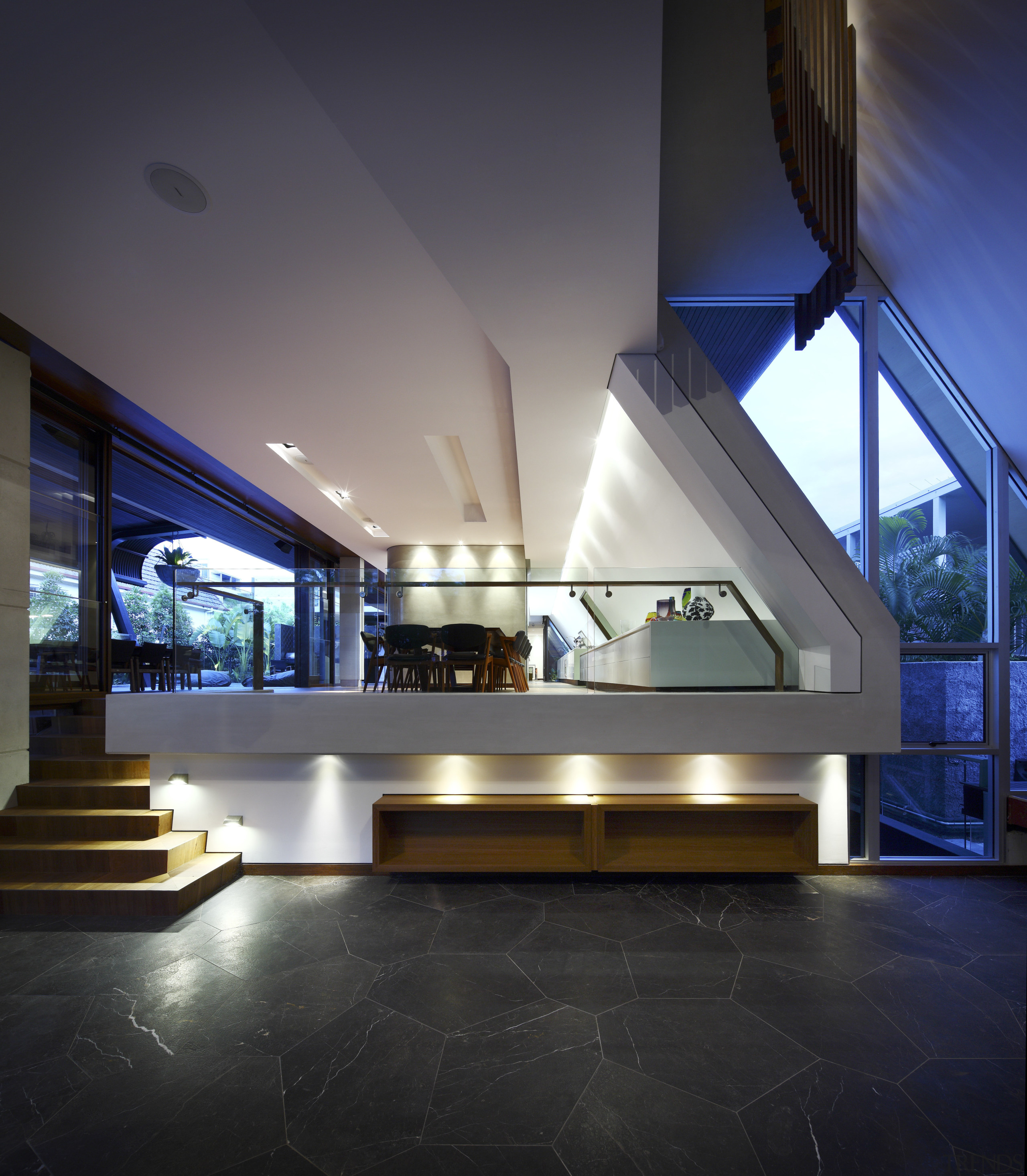 Interior view of this contemporary home designed by architecture, ceiling, daylighting, house, interior design, lighting, lobby, black, gray