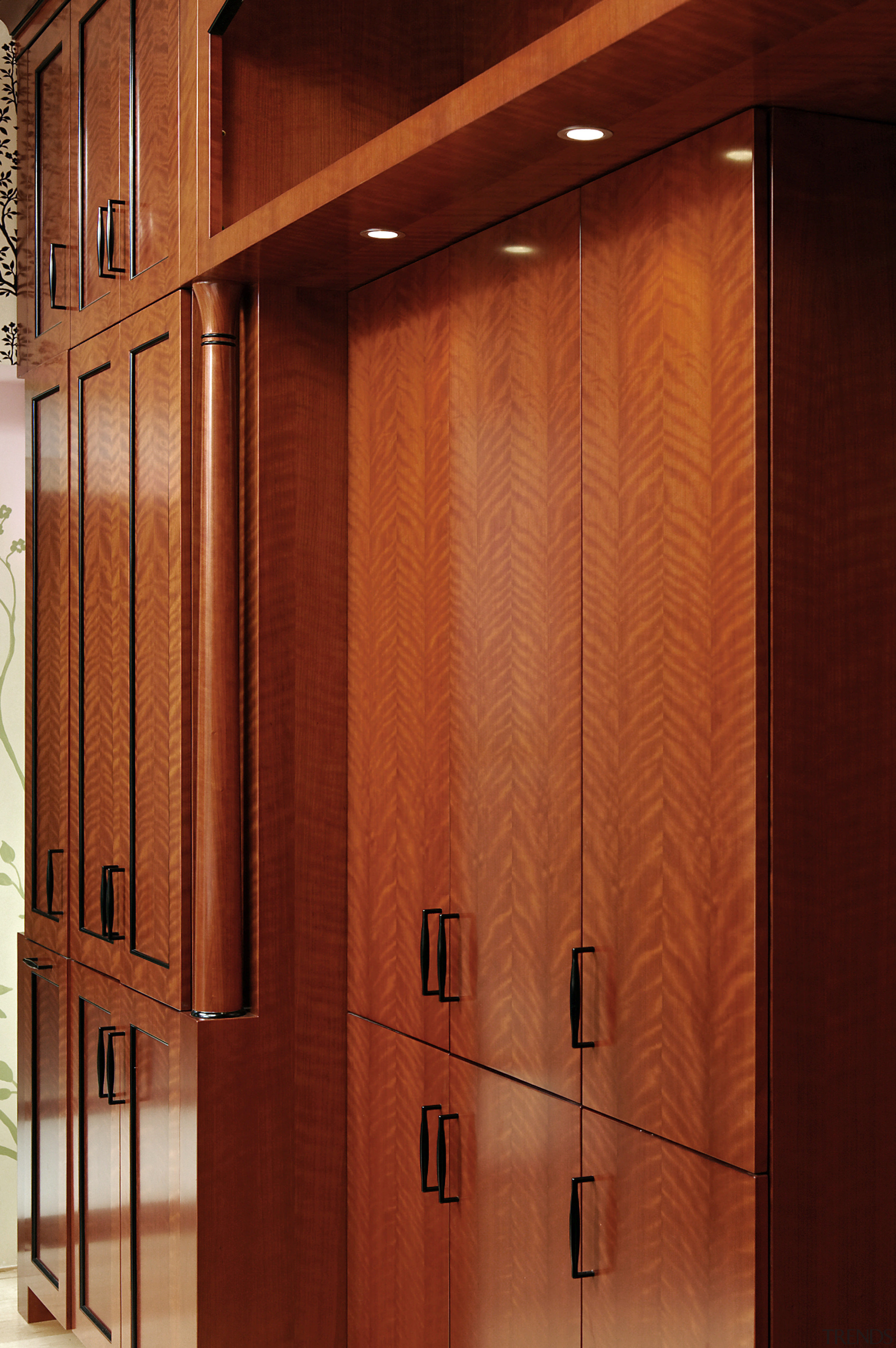 Close-up of quarter-figured cherry cabinatry with Rosewood finish. architecture, cabinetry, door, furniture, hardwood, interior design, wall, wood, wood stain, red