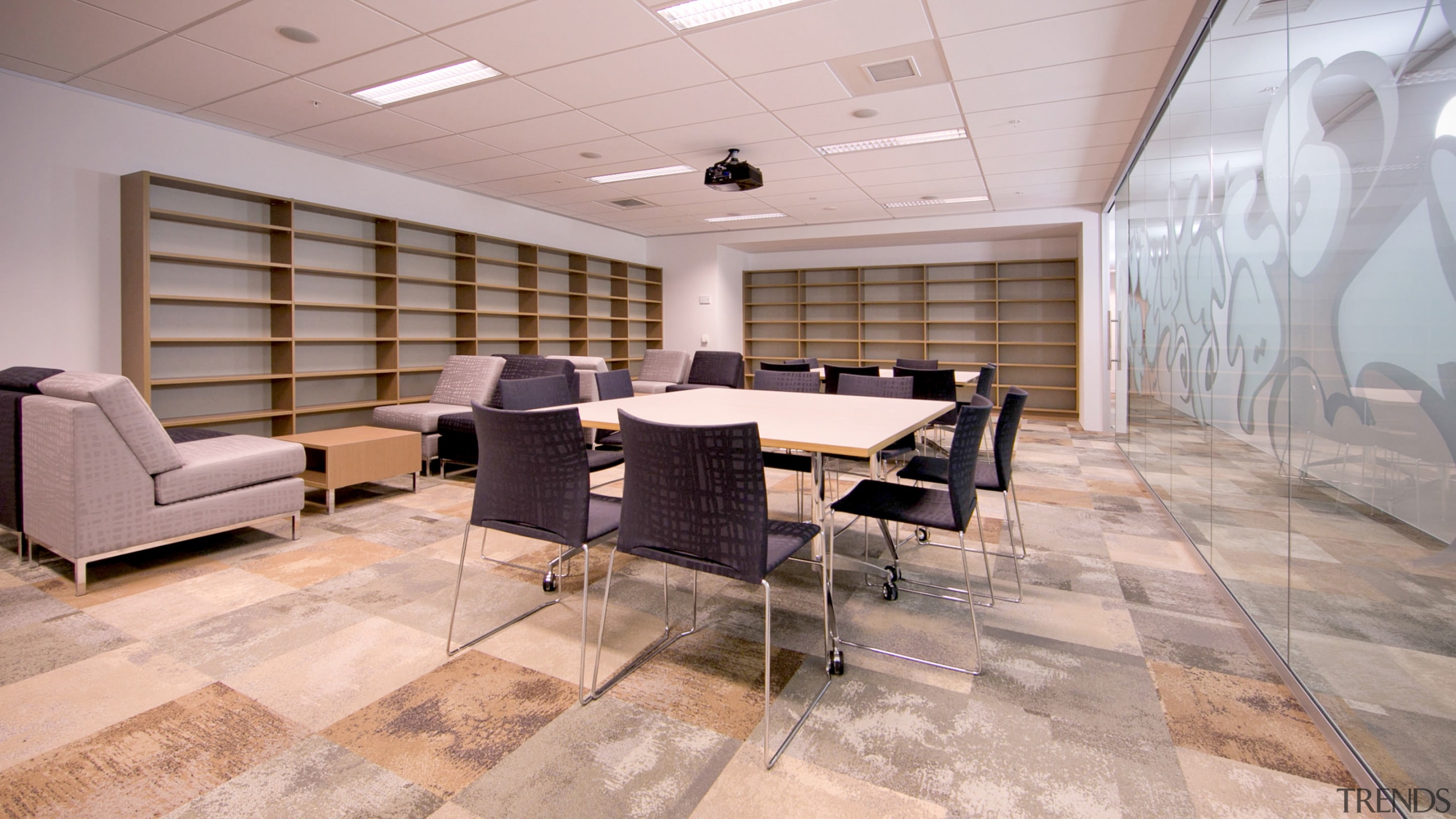 The Ministry of Justice Specialist Courts in Auckland, ceiling, floor, flooring, furniture, interior design, office, table, gray