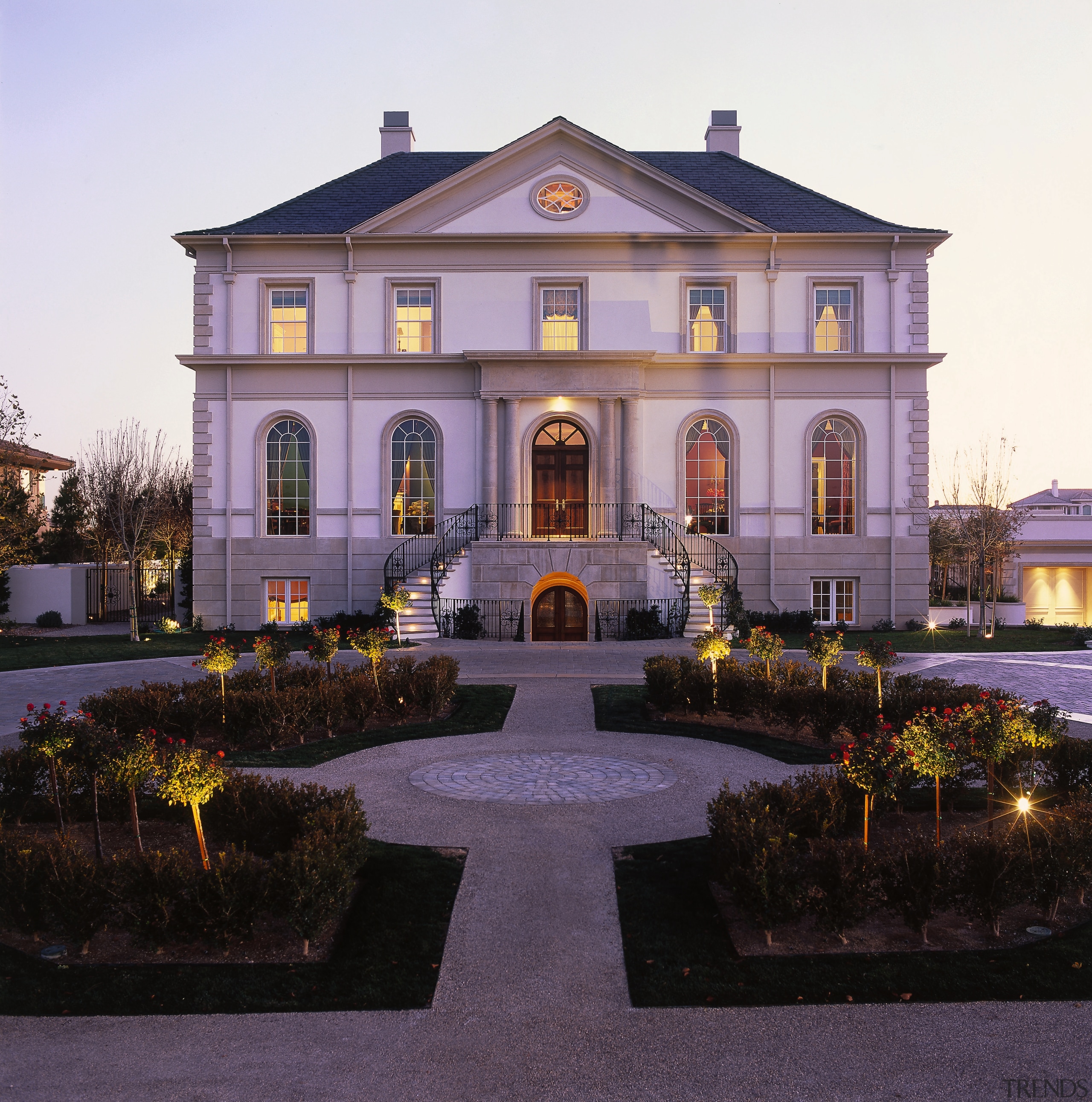 Overall view of the large concrete house, brick building, classical architecture, estate, facade, historic house, home, house, mansion, official residence, property, real estate, residential area, villa, window, black, white