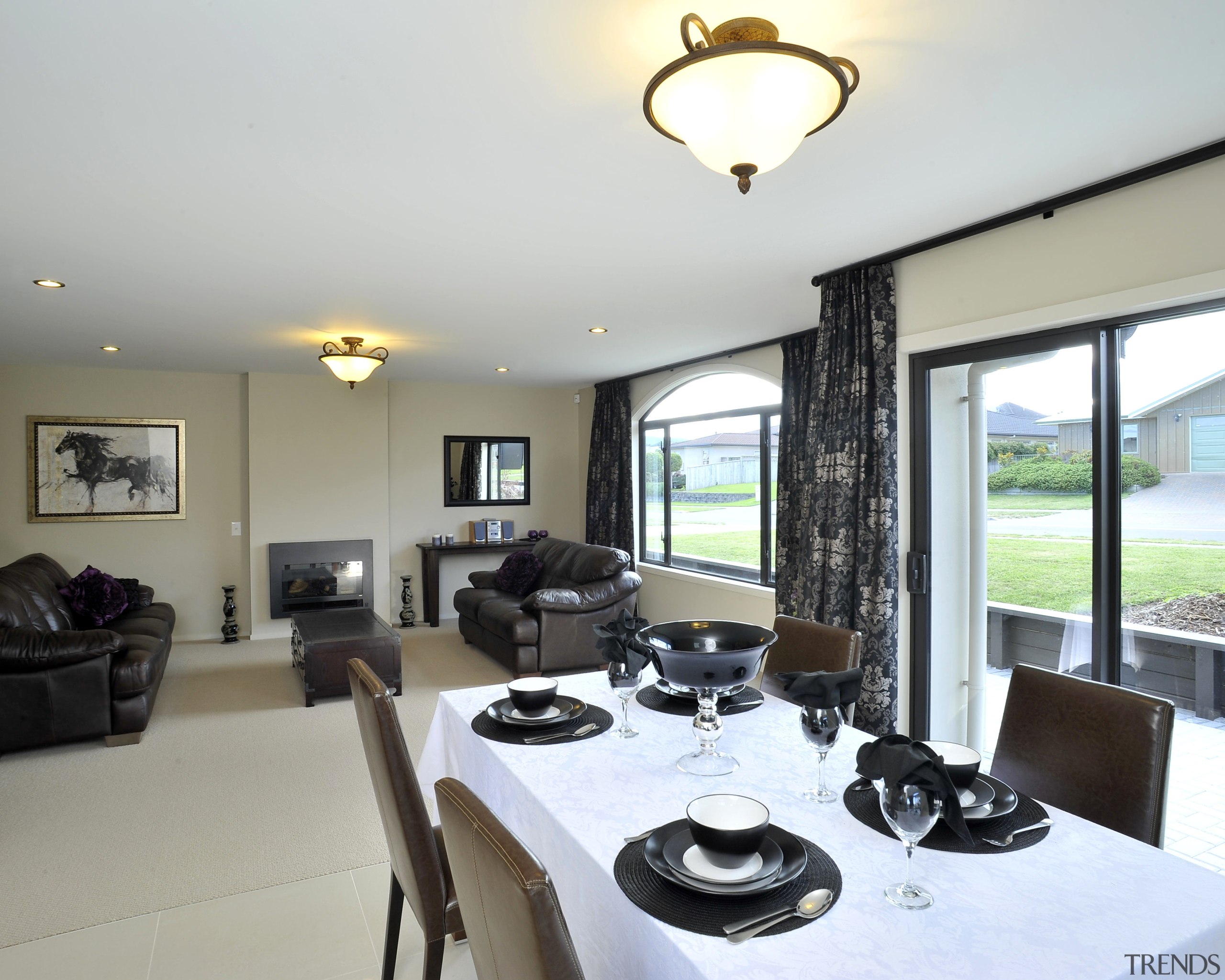 View of a David Reid Homes house with ceiling, dining room, interior design, living room, property, real estate, room, white, gray