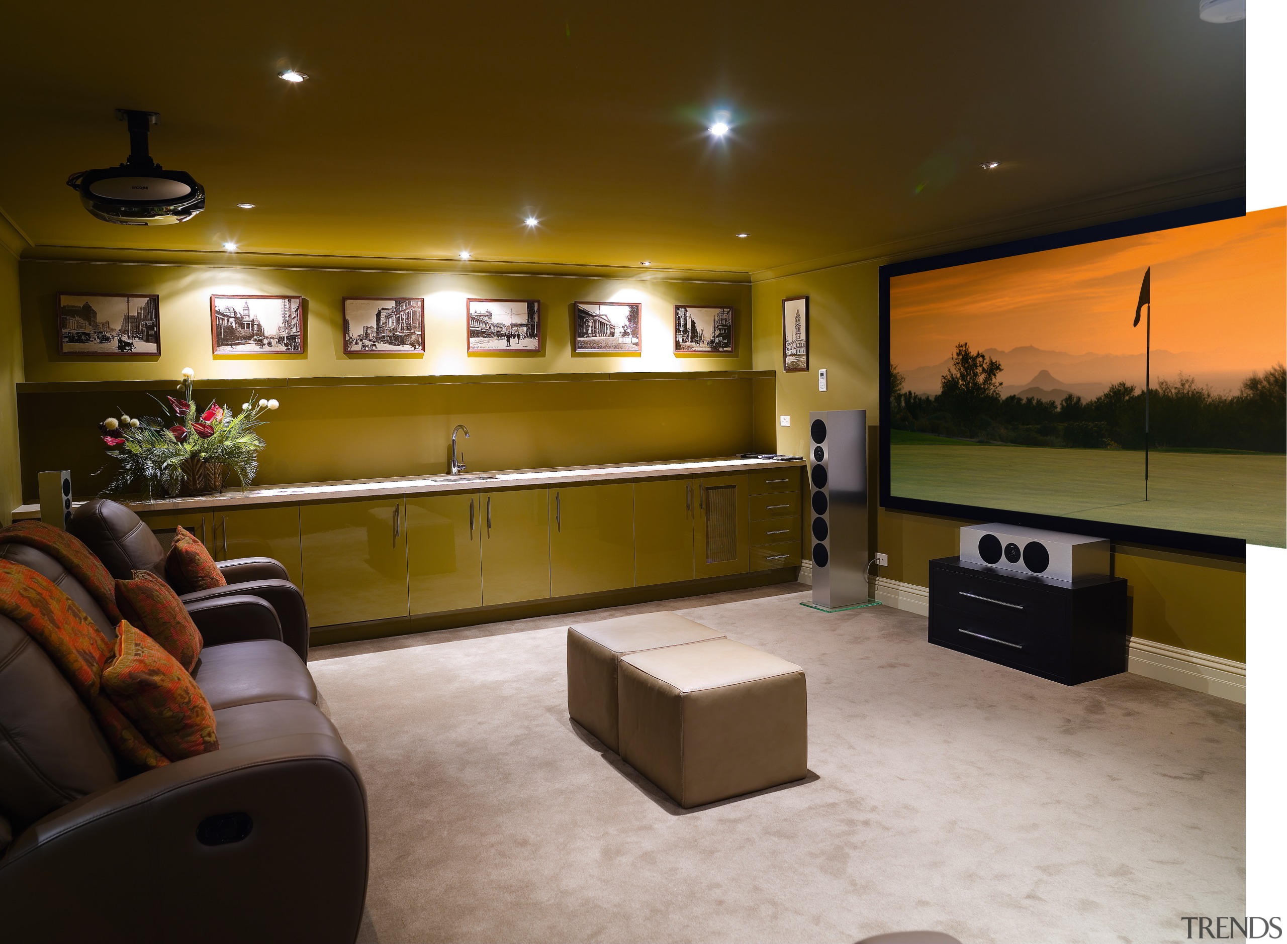 A view of the home theatre. - A ceiling, interior design, lighting, living room, lobby, room, brown