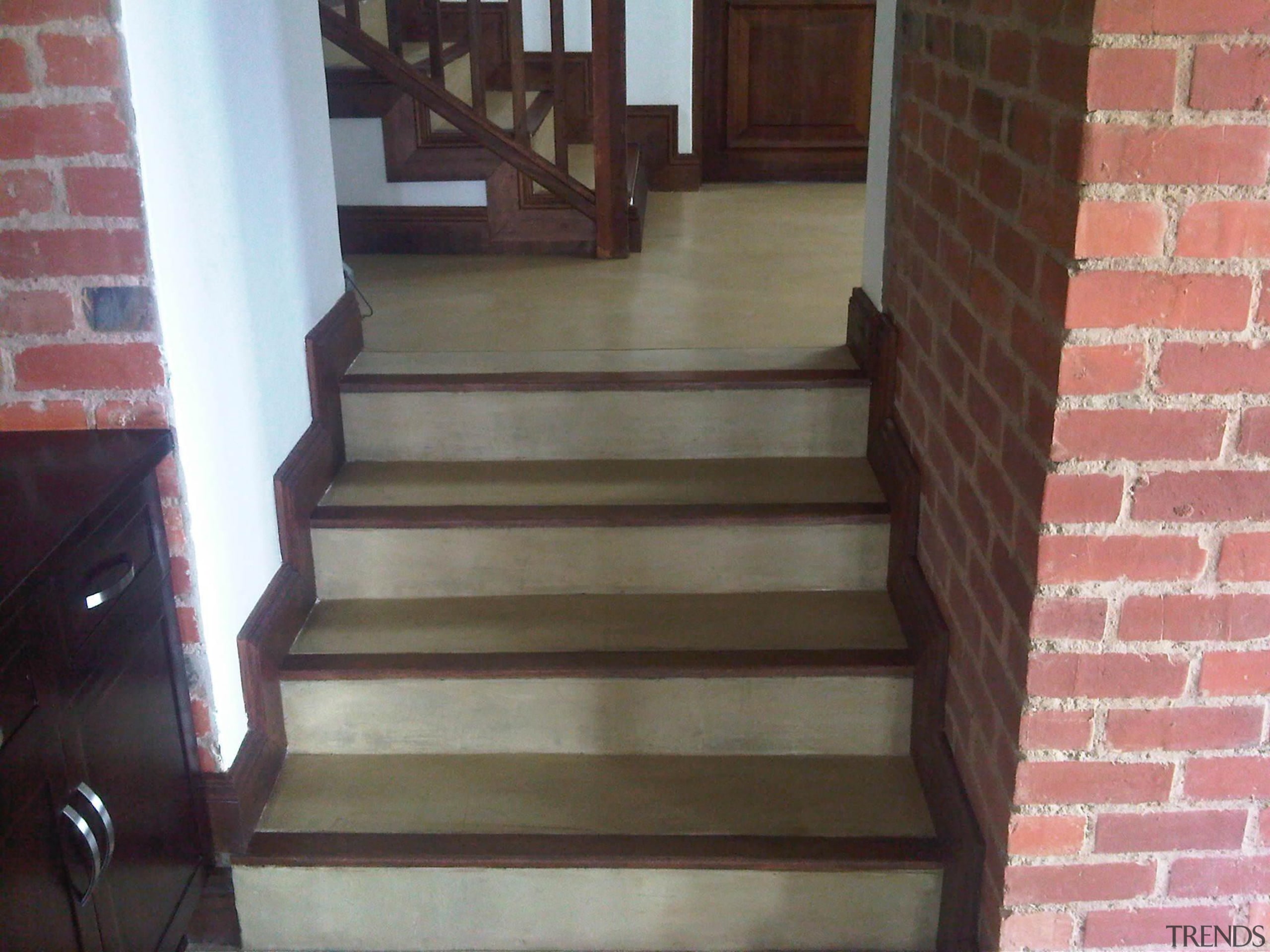 Colour hardener  26 - Colour_hardener__26 - brick brick, floor, flooring, handrail, hardwood, laminate flooring, stairs, wall, wood, wood flooring, wood stain, black, gray