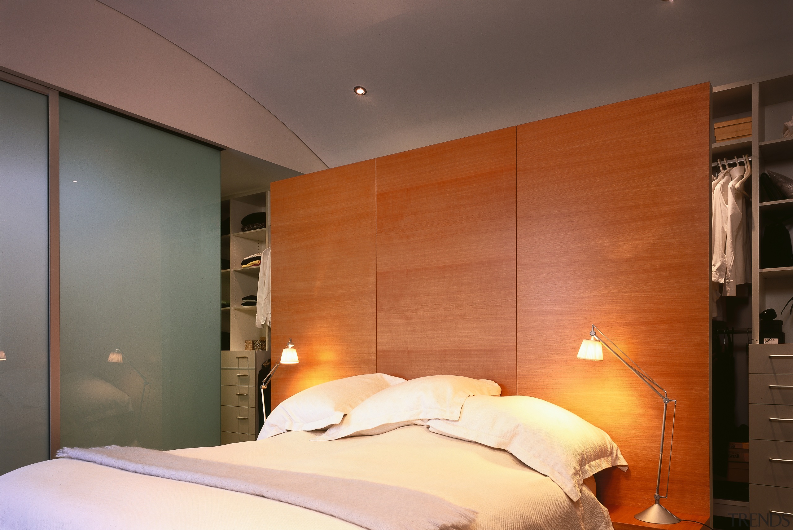 A view of the master bedroom. - A architecture, bed, bedroom, ceiling, furniture, home, interior design, lighting, real estate, room, suite, wall, wood, brown, orange