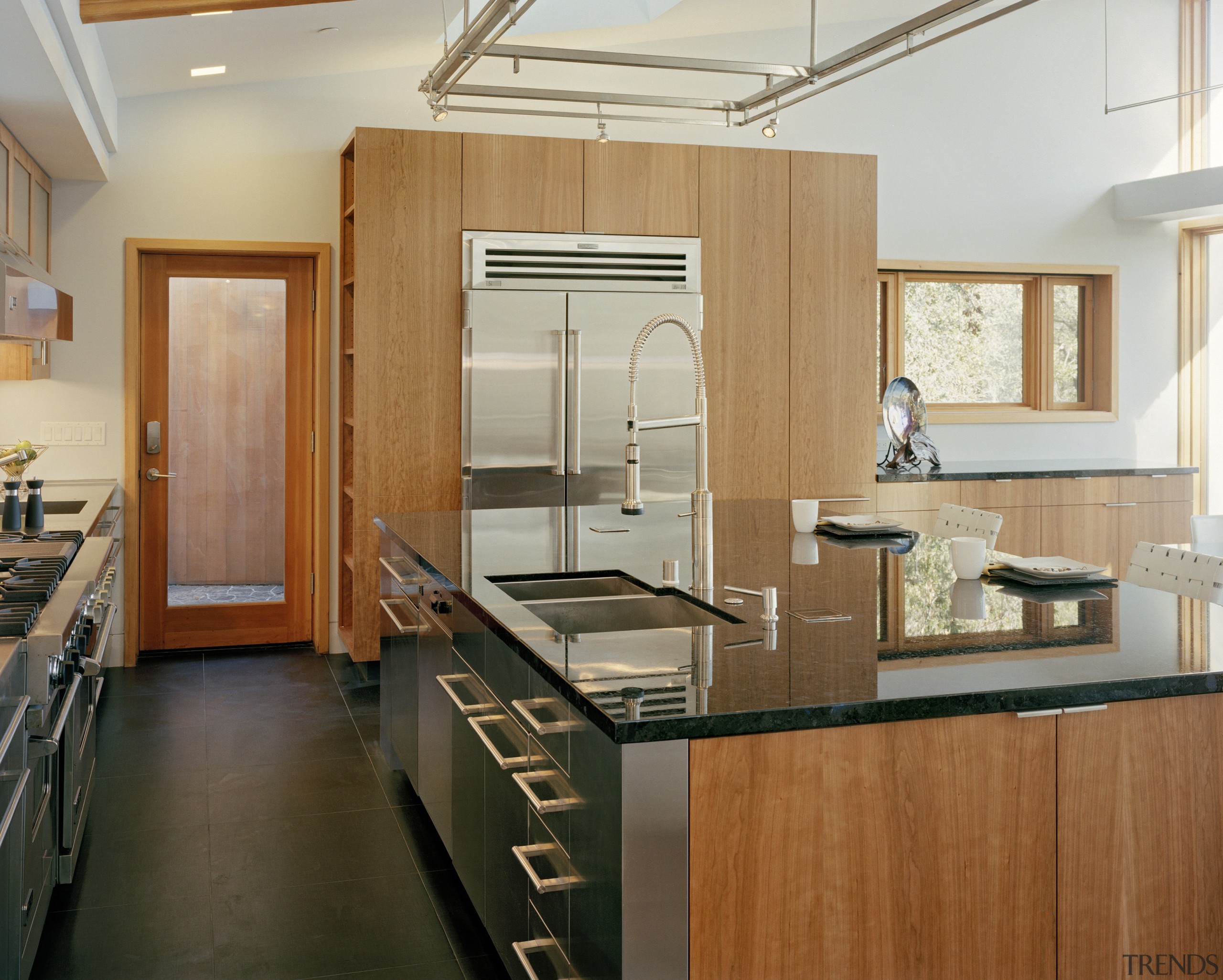 contemporary timber kitchen with granite benchtops and wooden cabinetry, countertop, cuisine classique, hardwood, interior design, kitchen, room, brown, gray