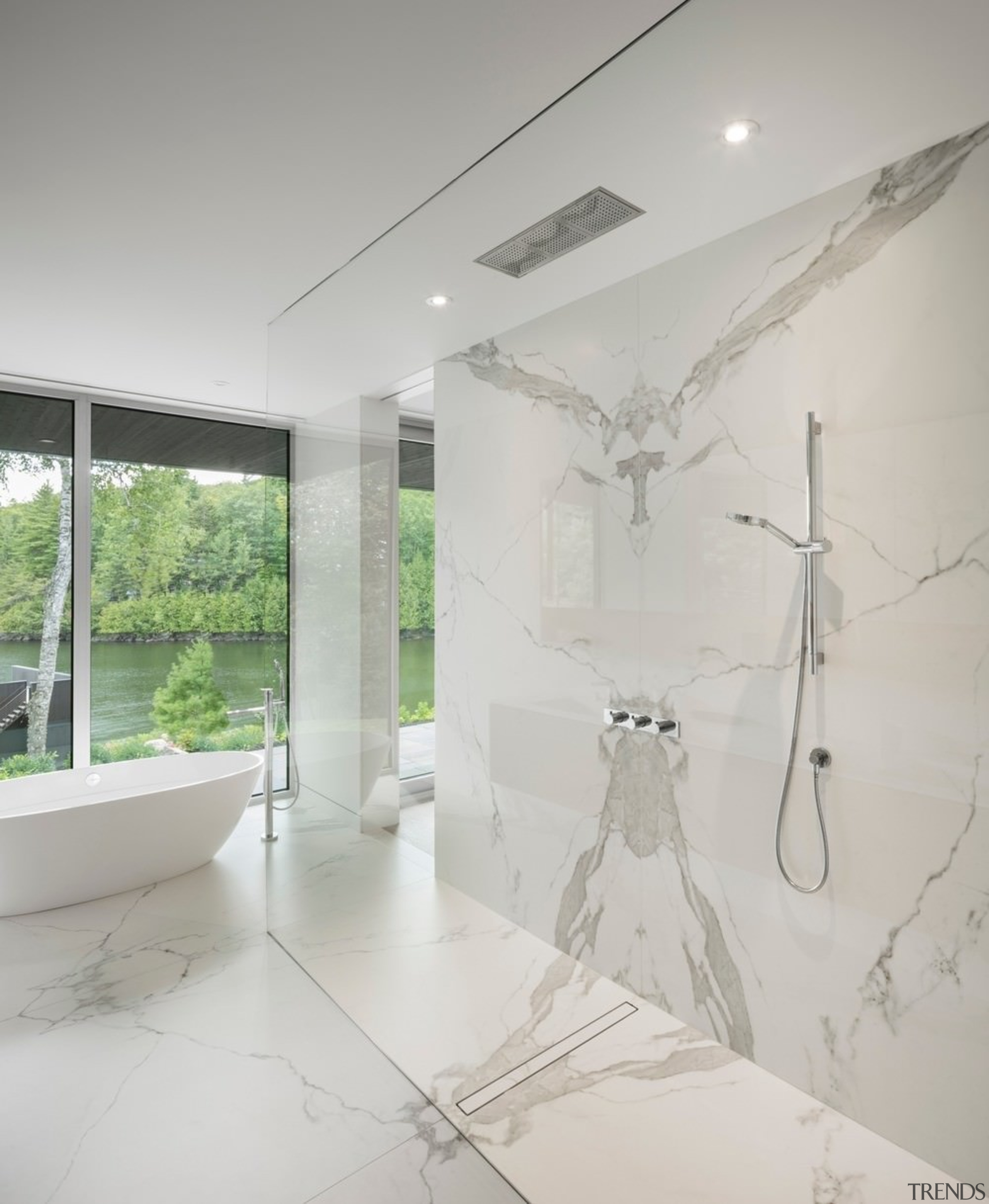This expansive shower features a rain head option architecture, bathroom, ceiling, floor, glass, home, house, interior design, product design, room, gray