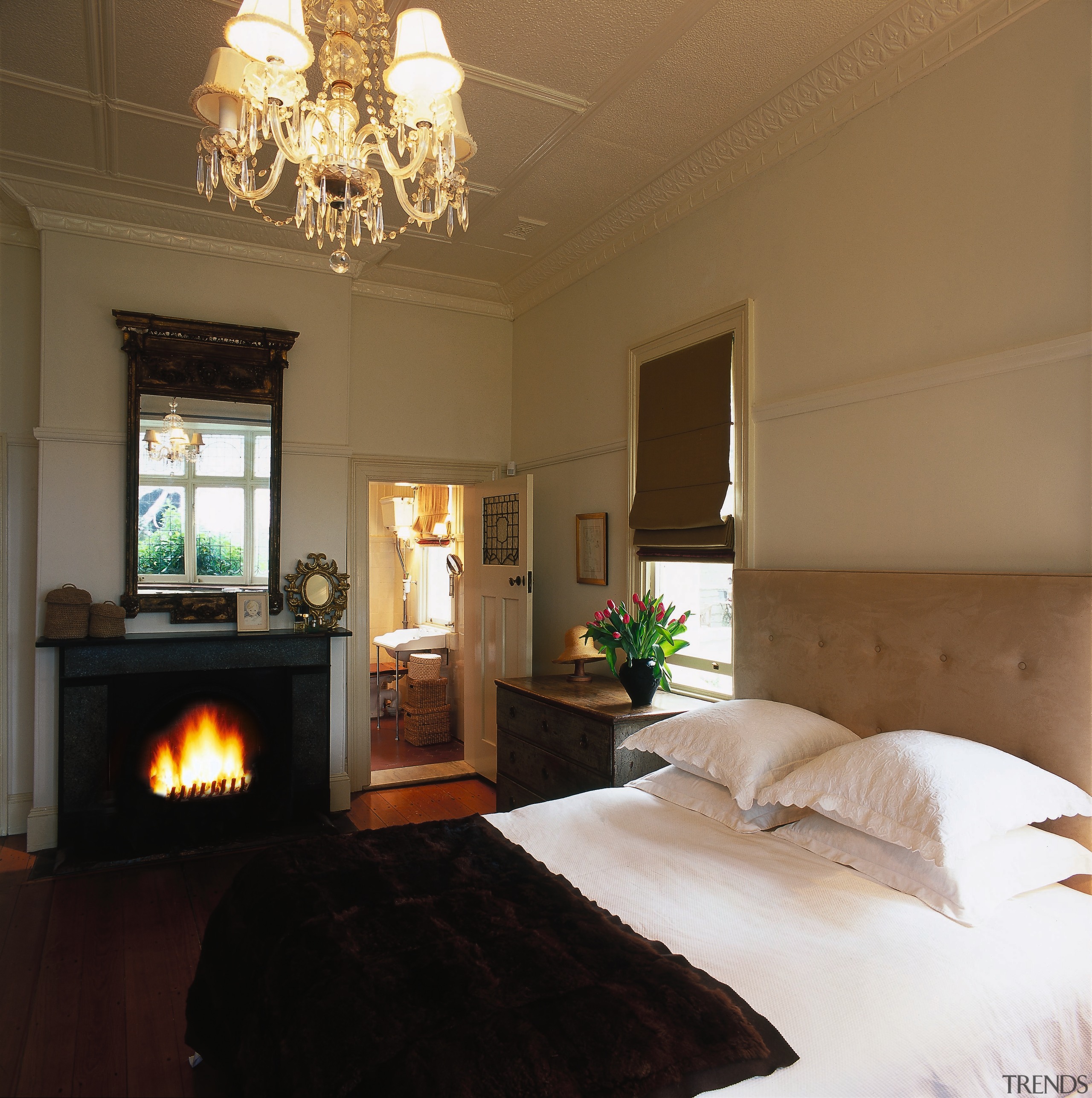 The master bedroom of a country homestead - bedroom, ceiling, hearth, home, interior design, living room, room, suite, brown