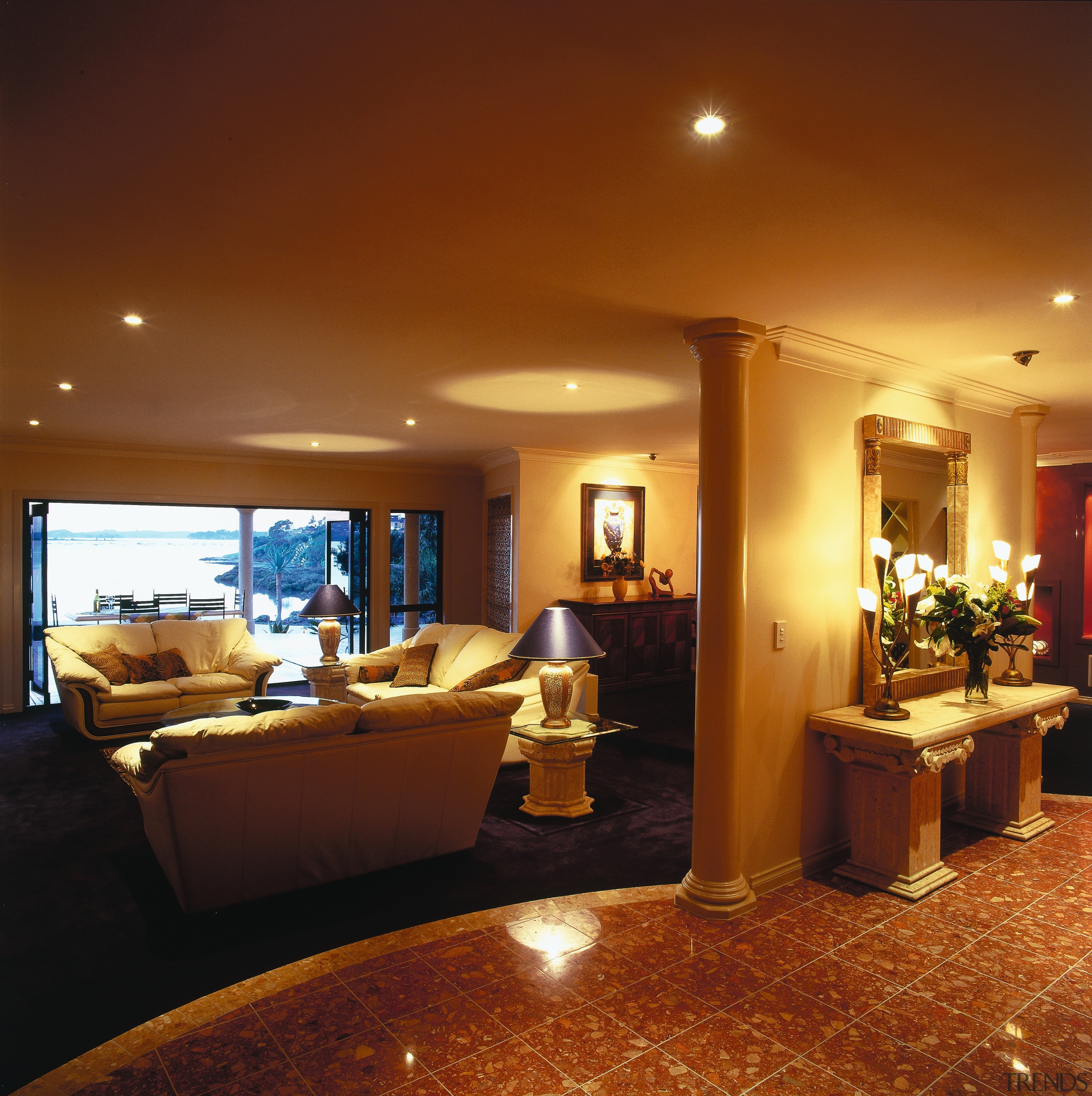 A view of a home architecturally designed by ceiling, flooring, home, interior design, lighting, living room, lobby, real estate, room, suite, brown