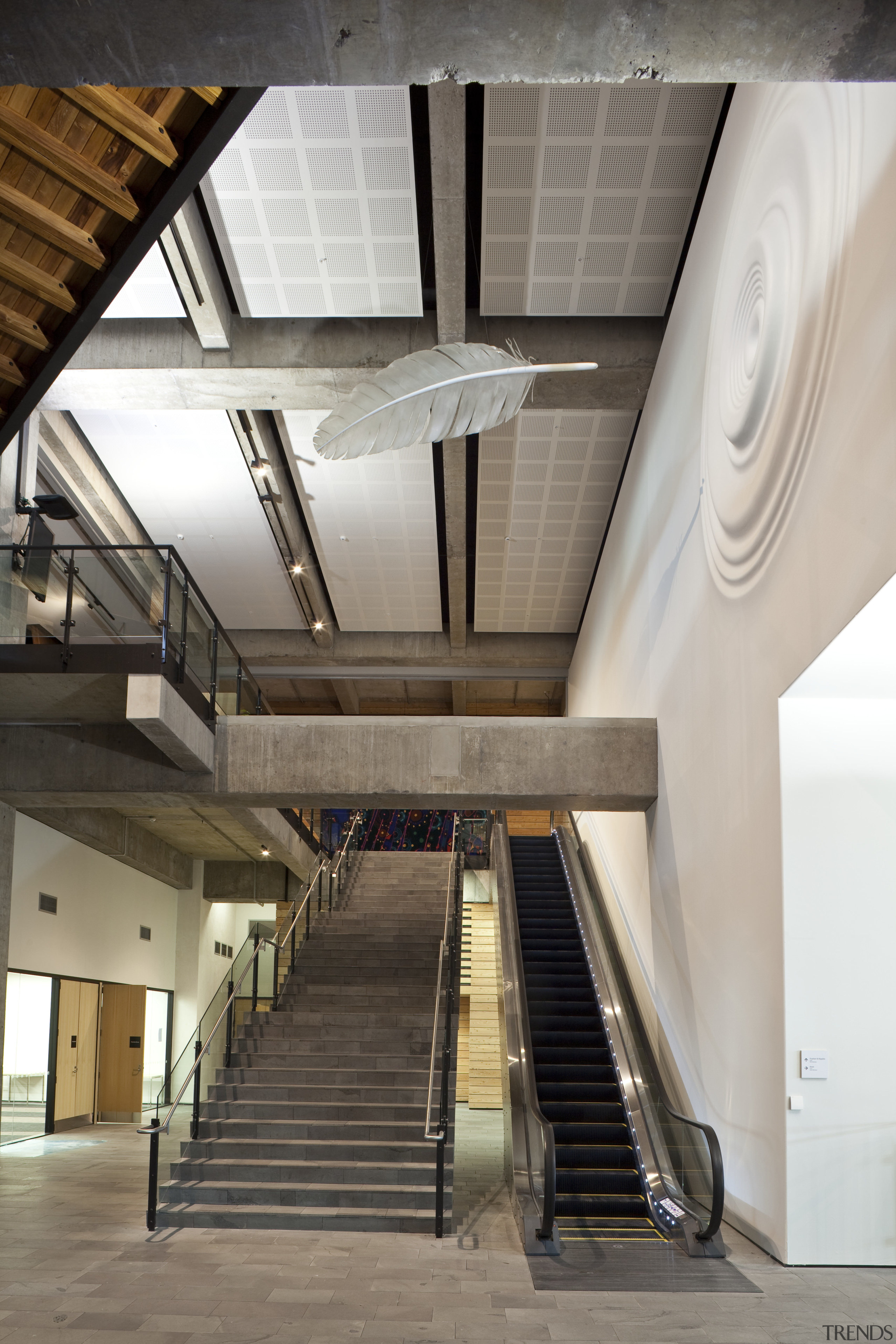 View of the Christchurch City Council building, with architecture, building, ceiling, daylighting, interior design, stairs, structure, gray