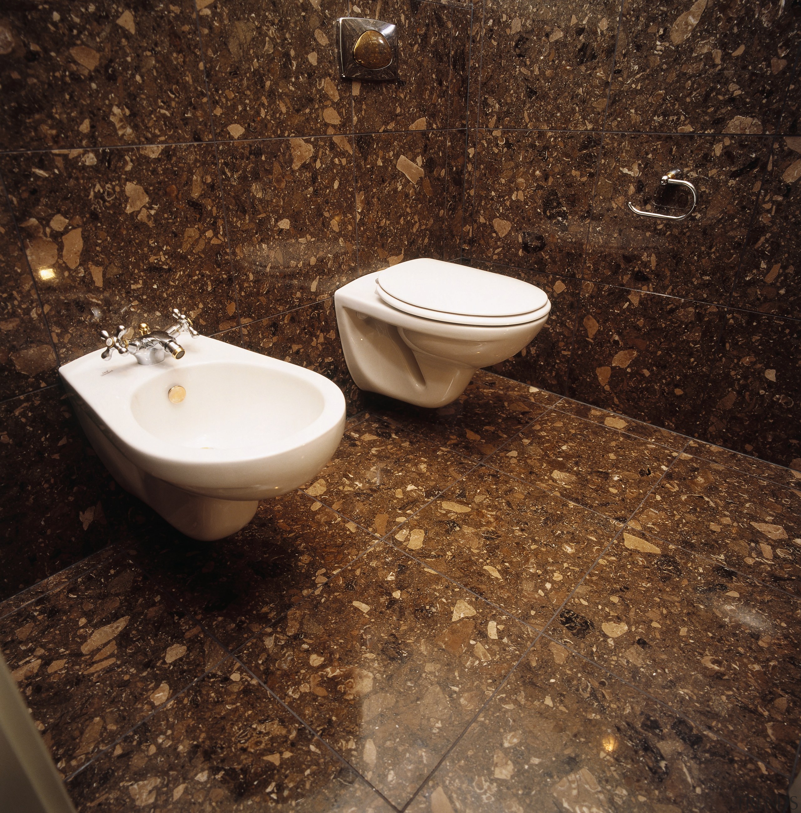 The detail of a bidet and toilet - bidet, ceramic, floor, plumbing fixture, sink, tile, brown