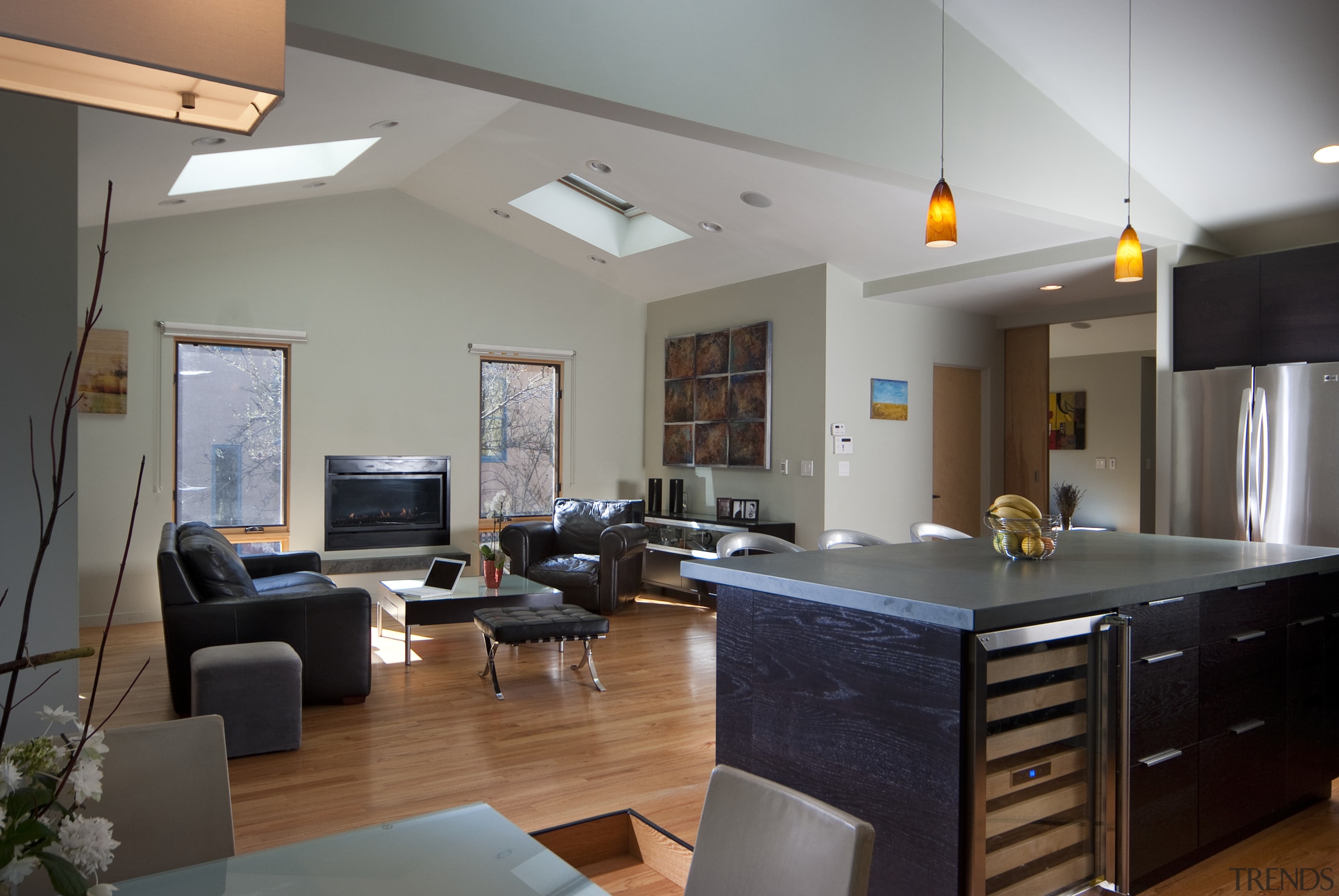 Open plan kitchen and lounge room with wooden ceiling, interior design, kitchen, living room, real estate, room, gray, black