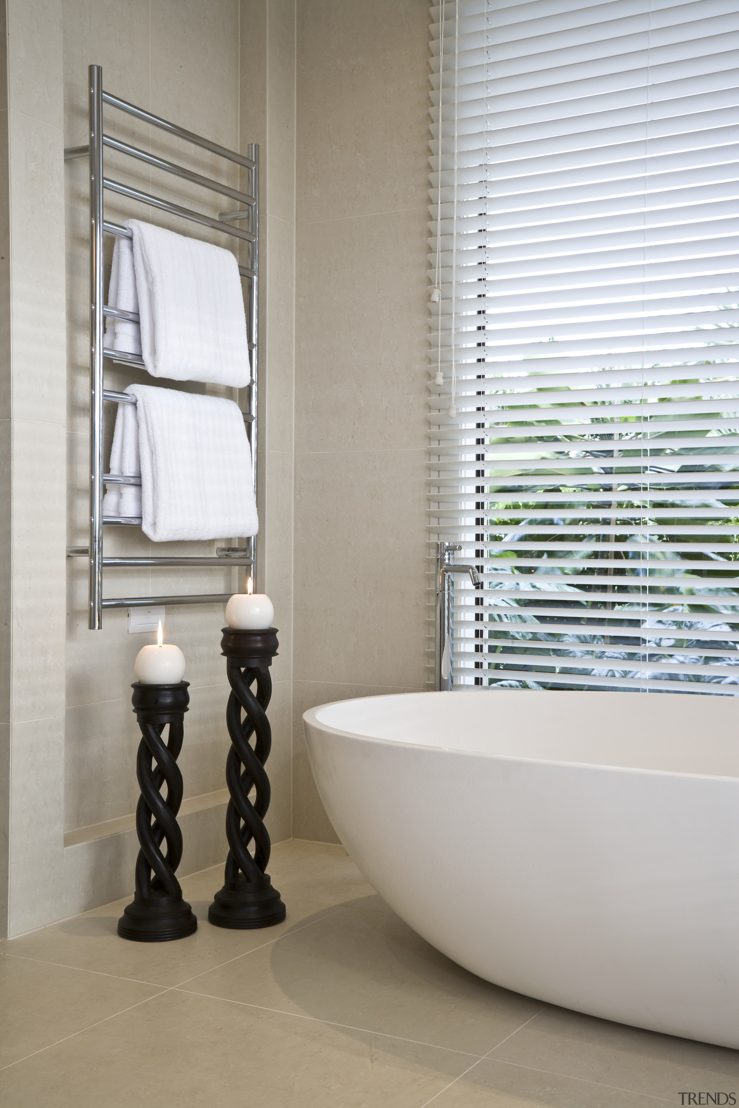 View of light-toned contemporary bathroom with white free bathroom, bathroom accessory, ceramic, curtain, floor, flooring, interior design, plumbing fixture, product design, room, tap, tile, window, window covering, window treatment, gray