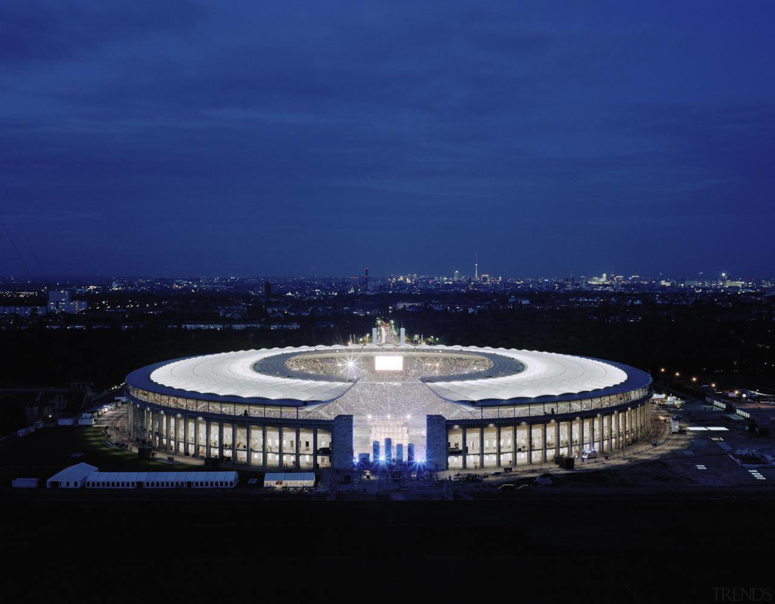 Together with the Olympic Park of the former architecture, arena, corporate headquarters, landmark, sky, sport venue, stadium, structure, blue, black