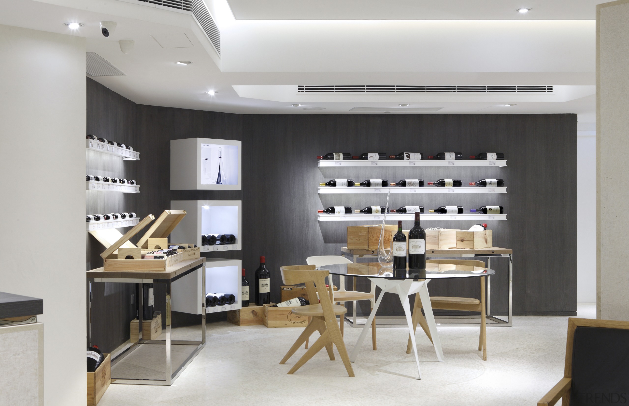 Exposed beams crisscrossing the ceiling of the Bordeaux furniture, interior design, table, gray