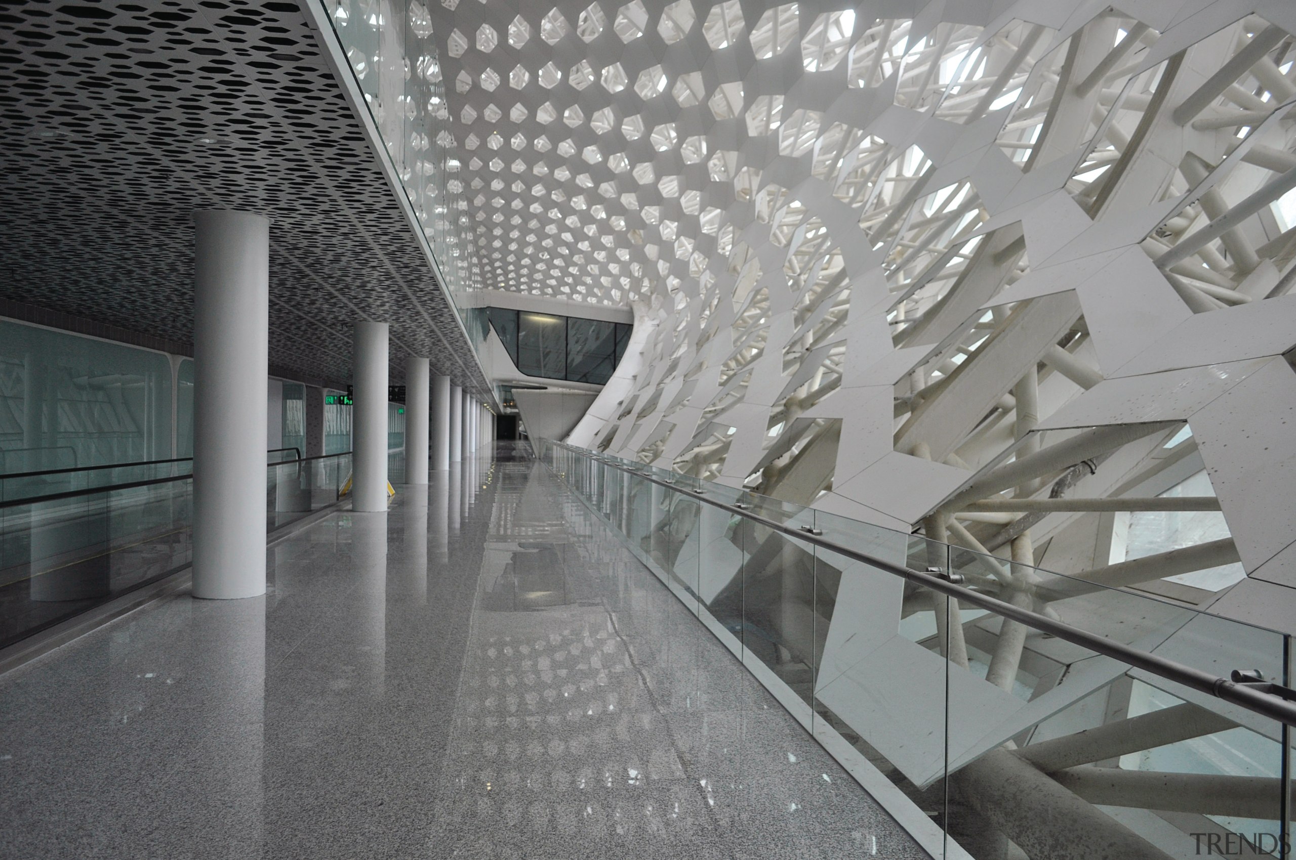 Structural supports are used sparingly in the design airport terminal, architecture, building, ceiling, daylighting, infrastructure, metropolitan area, structure, tourist attraction, gray