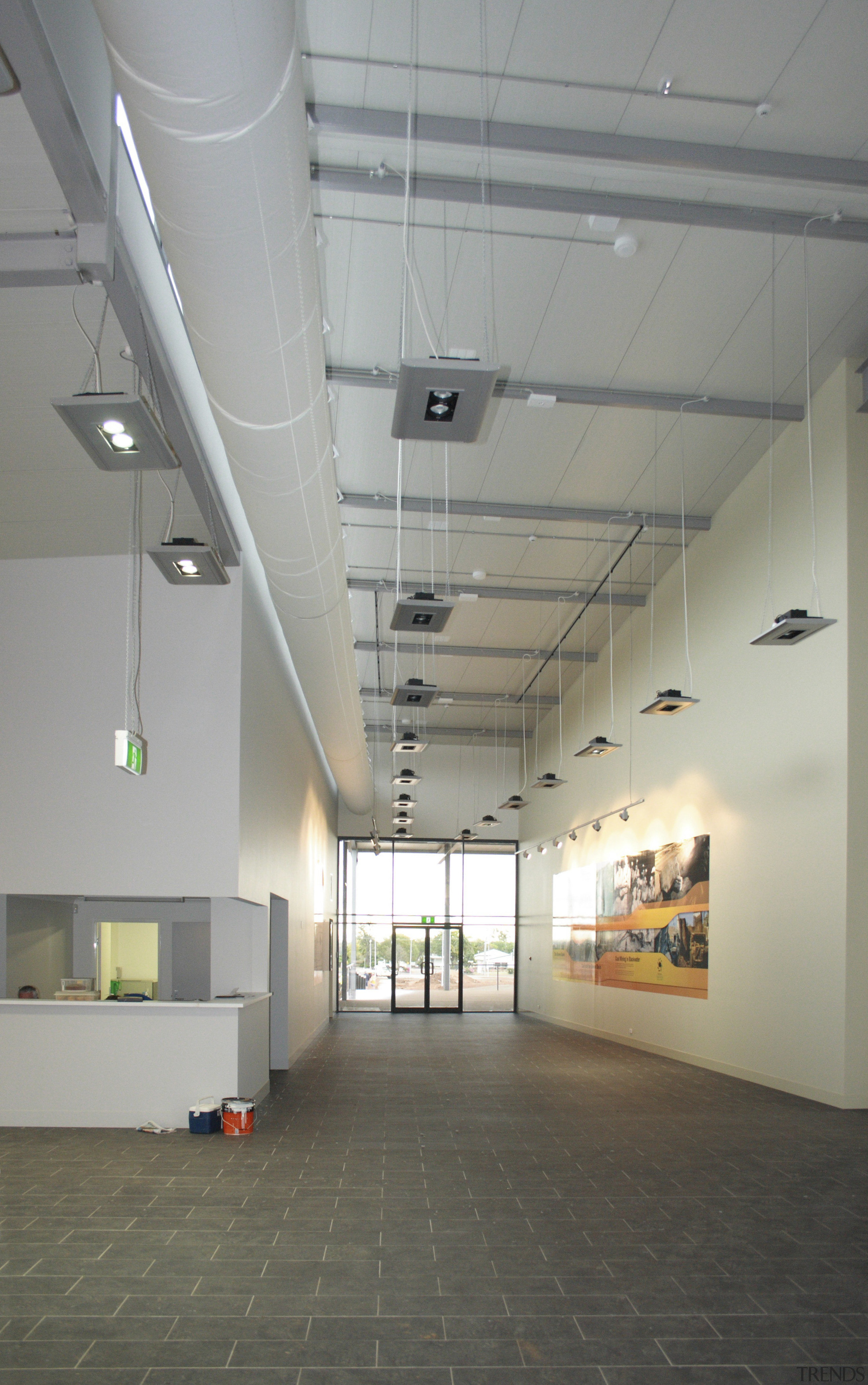 Interior view of offices which features custom-manufactured DuctSox architecture, ceiling, daylighting, interior design, gray