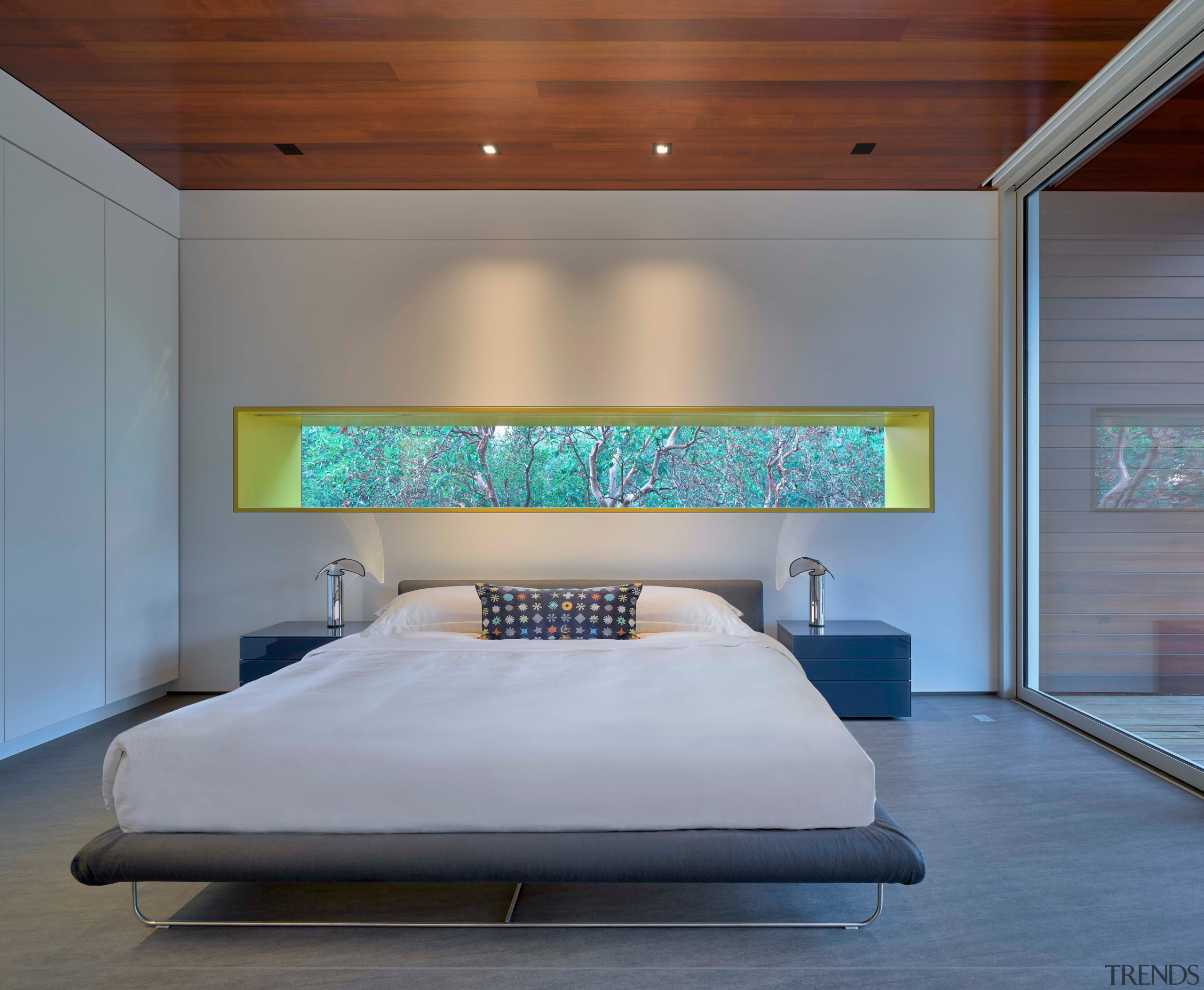 In one of three bedrooms, a horizontal window 