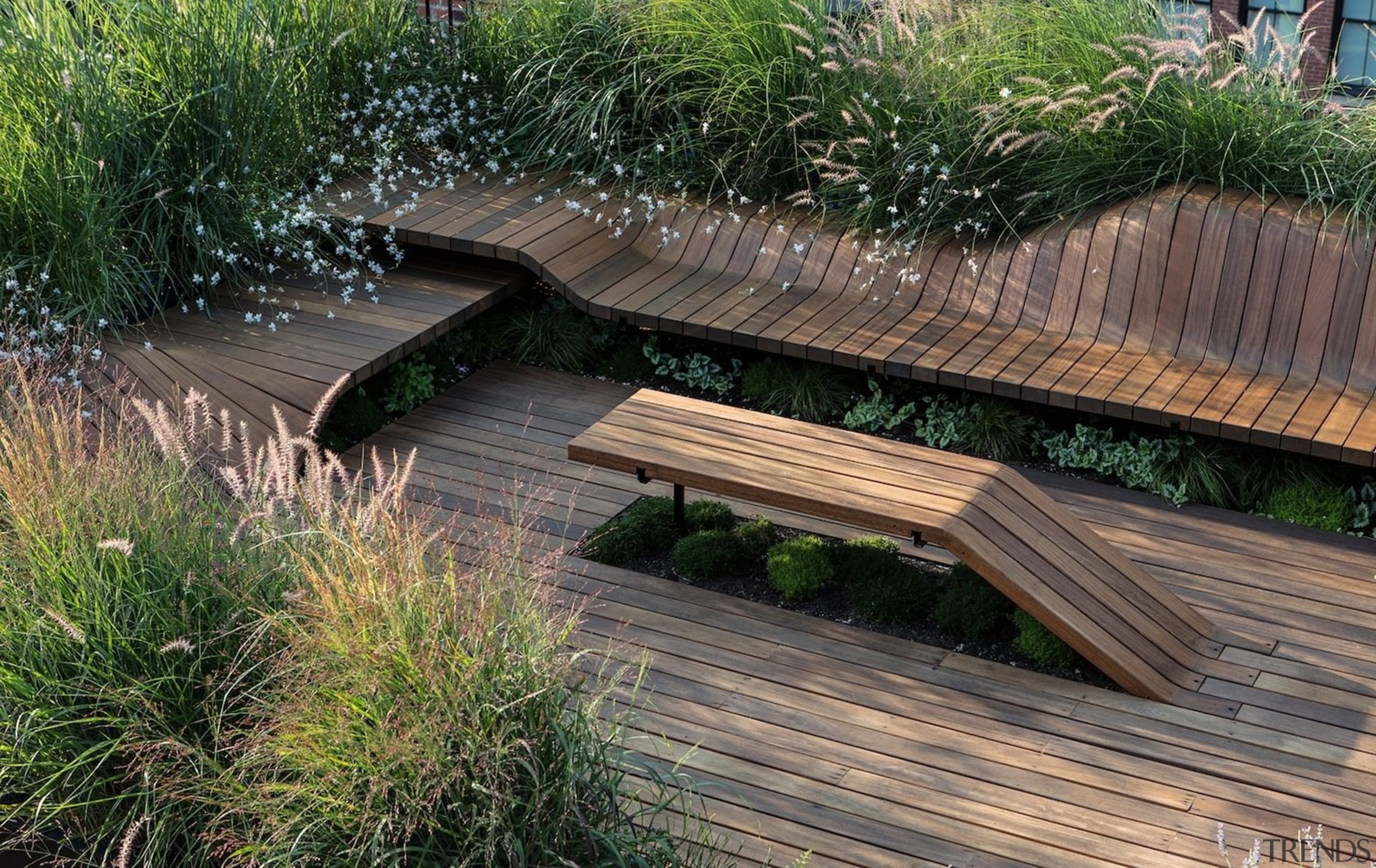 Architect: J.Roc Design bench, deck, grass, outdoor furniture, outdoor structure, path, walkway, wood, gray