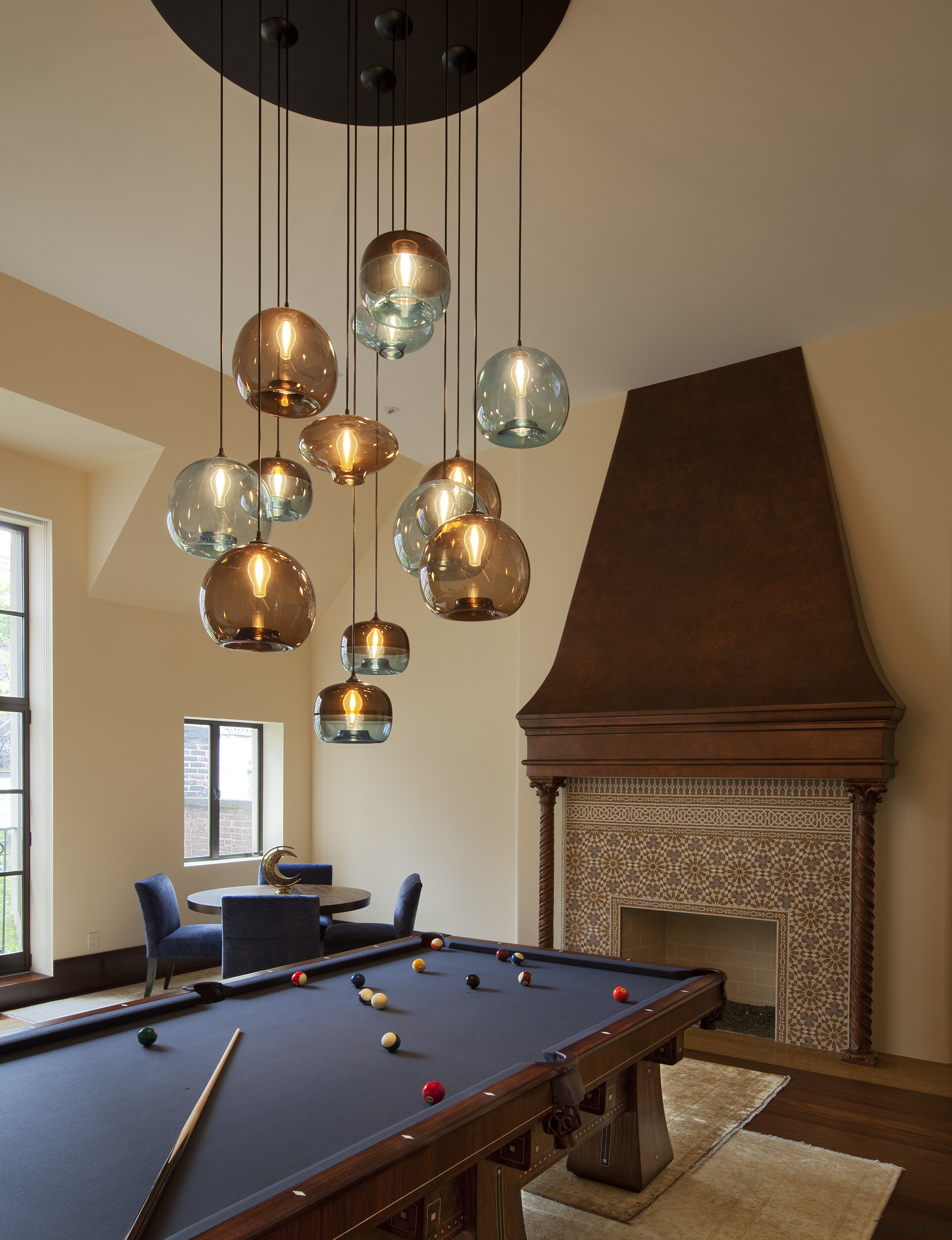 Pool table with hanging light feature. - Pool billiard room, billiard table, ceiling, chandelier, cue sports, furniture, home, interior design, light fixture, lighting, lighting accessory, pool, recreation room, room, table, wood, brown