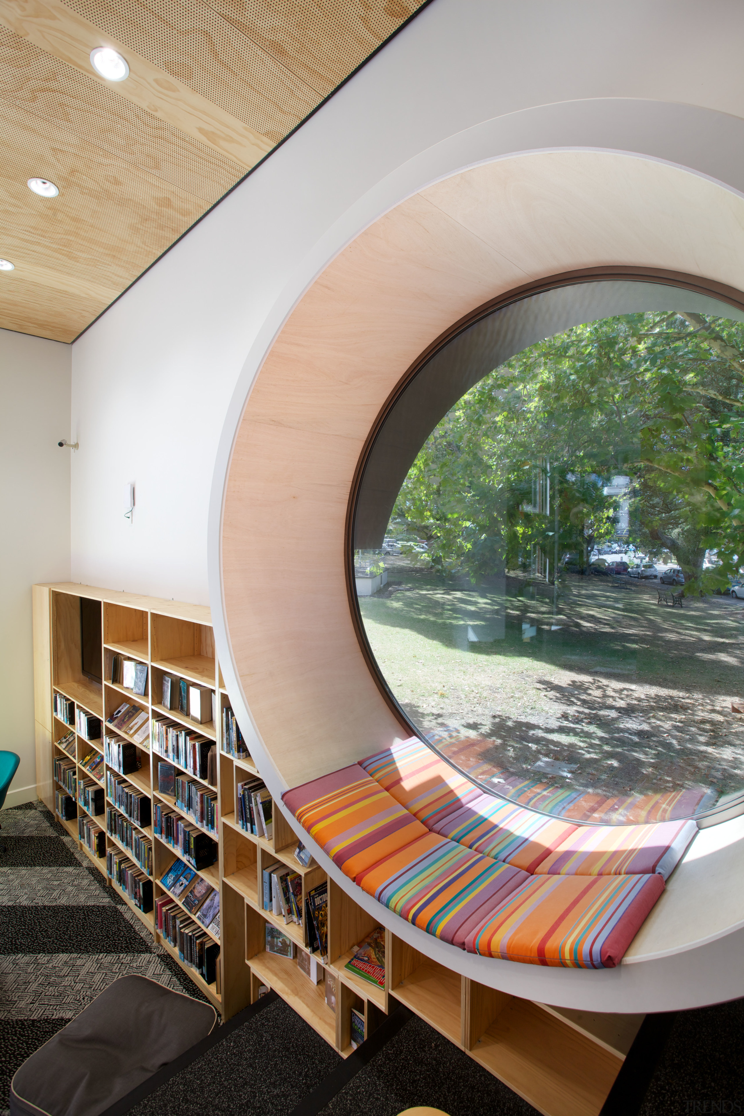 The young adults section of the Devonport Library architecture, ceiling, daylighting, interior design, gray