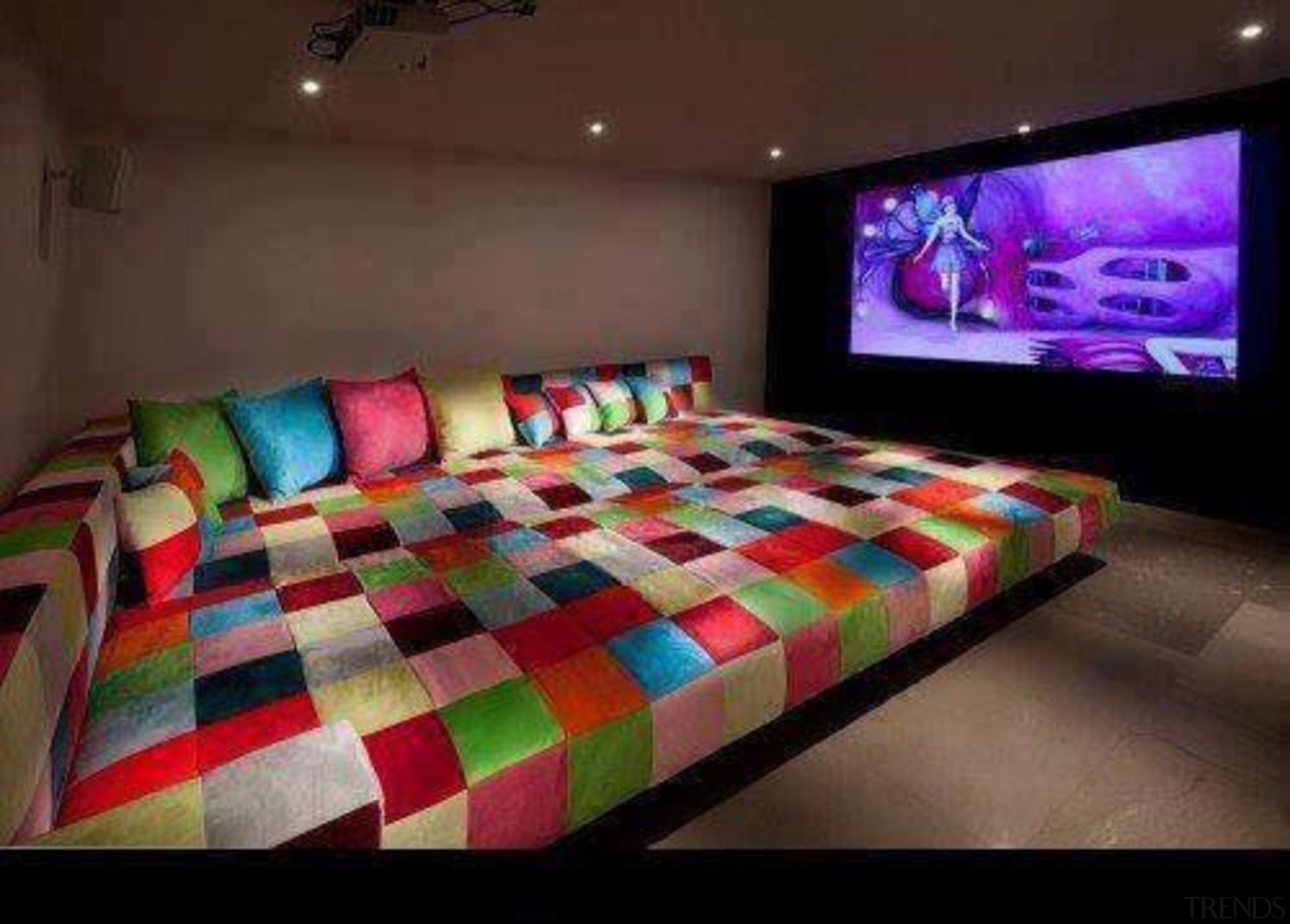 Huge TV screen and humongous couch - Cinema bed sheet, interior design, room, red