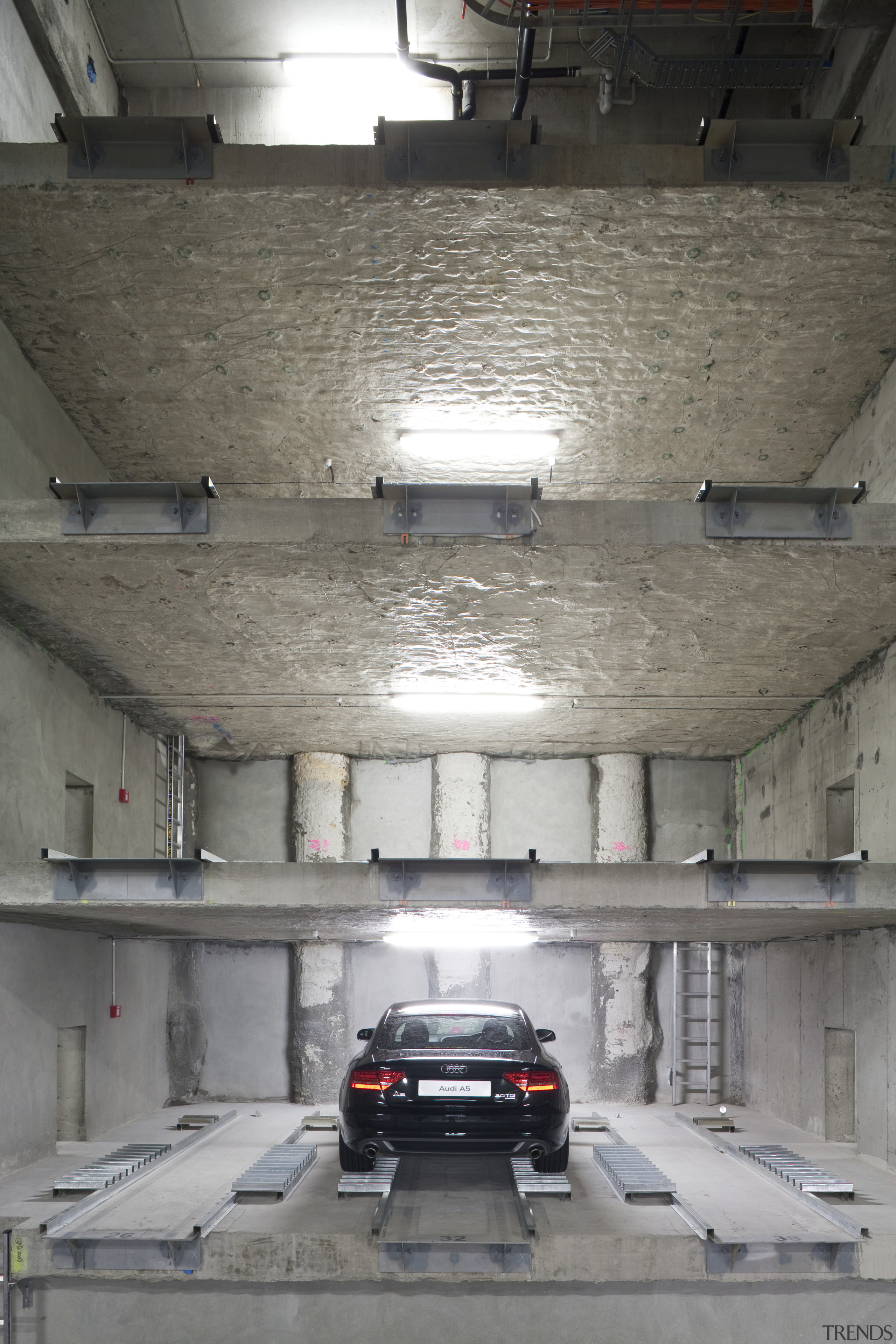 View of the car-stacking parking system in the automotive exterior, car, family car, parking, gray