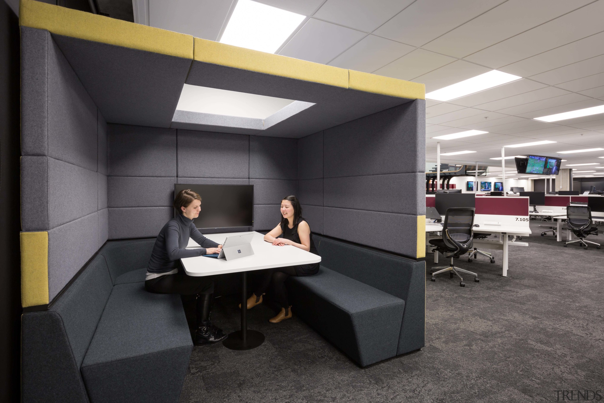 A collaborative space in the medium noise level desk, furniture, interior design, office, product design, black, gray