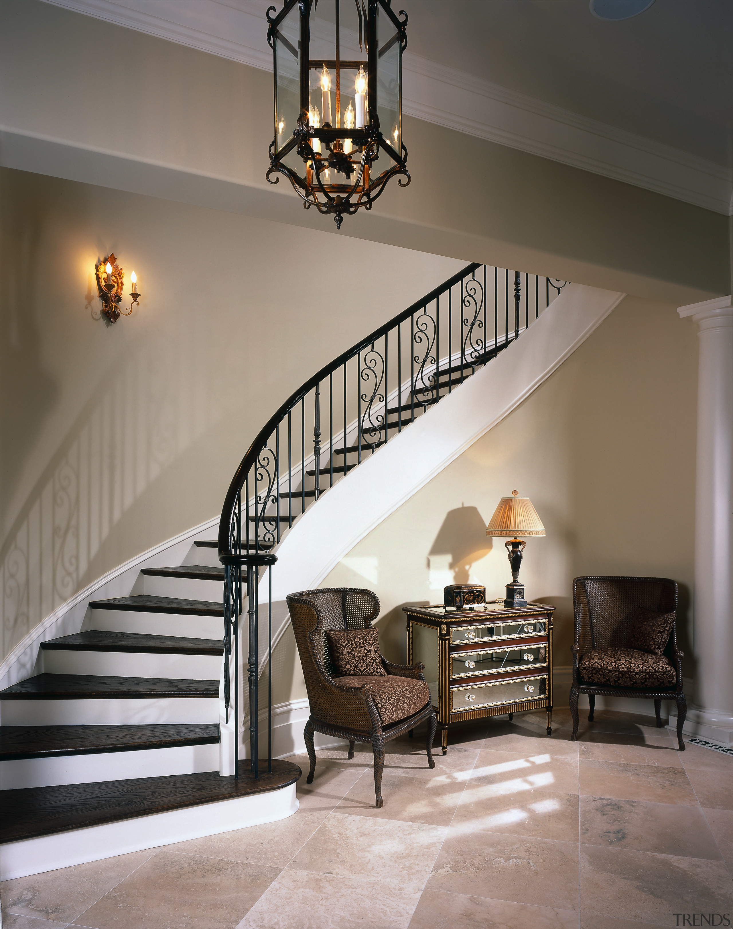 View of the stairway - View of the ceiling, estate, floor, flooring, handrail, hardwood, home, interior design, light fixture, lighting, stairs, wall, wood, wood flooring, gray