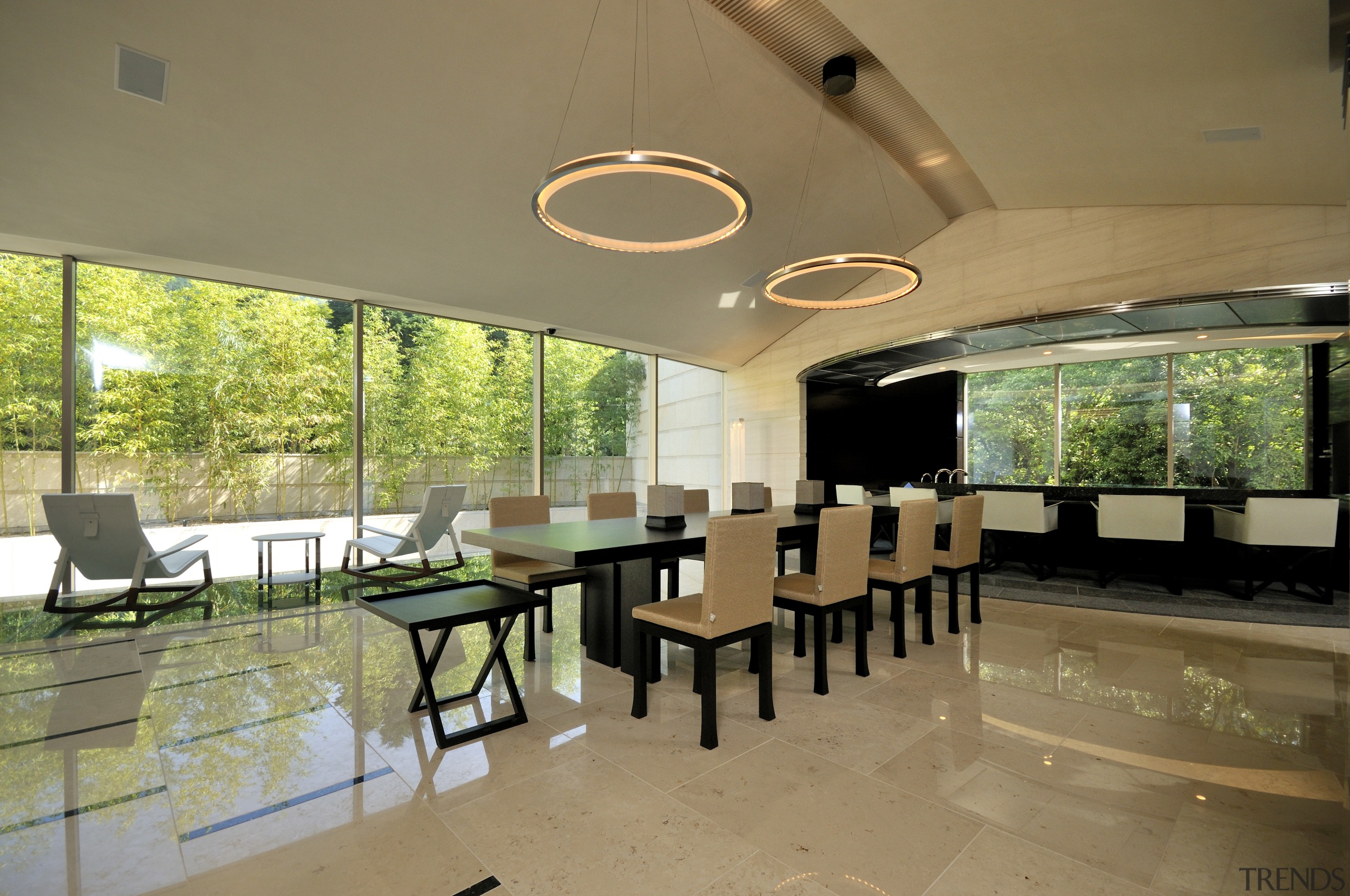 View of open-plan dining area which features black ceiling, house, interior design, property, real estate, roof, table, brown