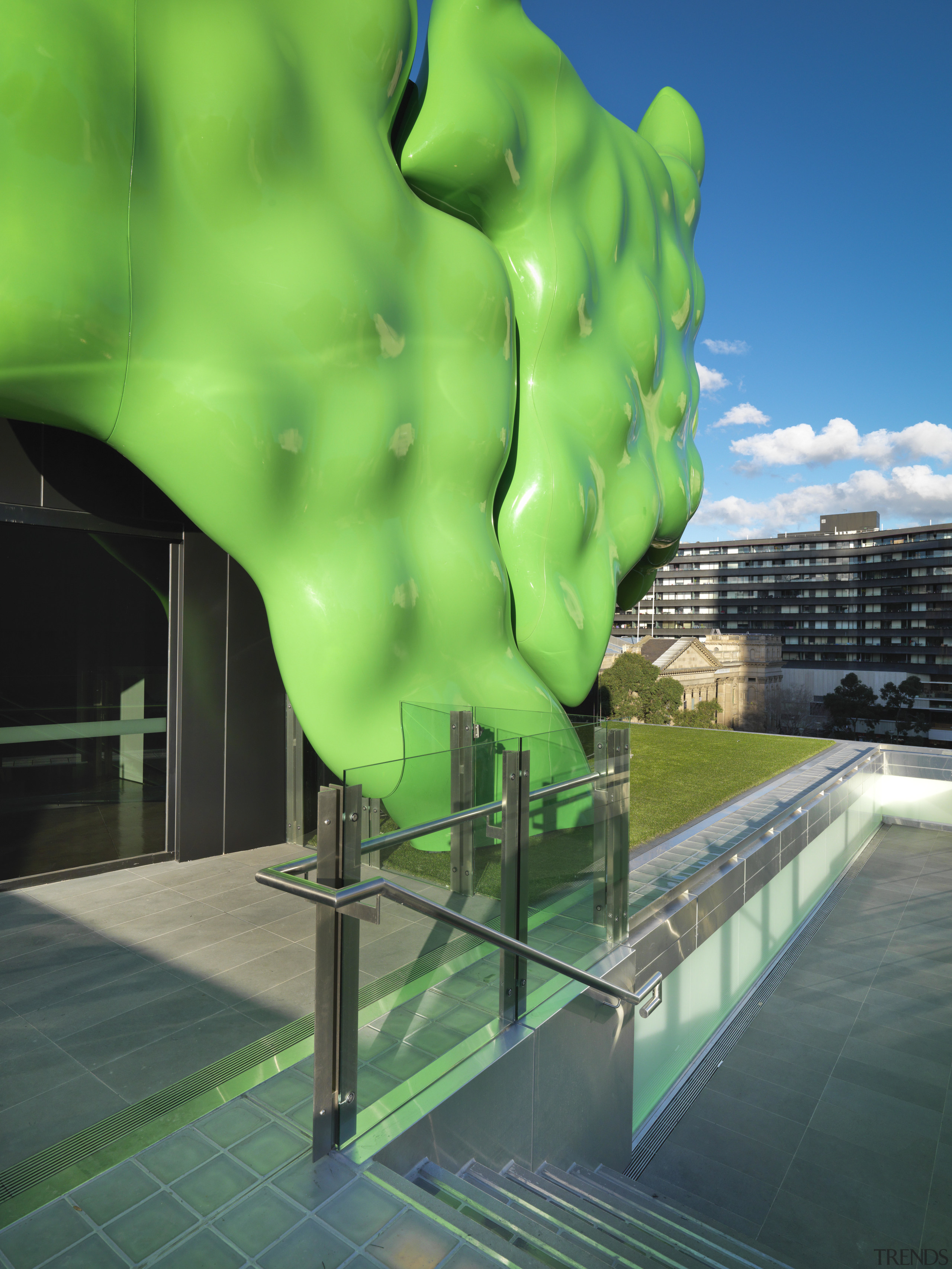 View of RMIT building in Melbourne with green architecture, green, water, green