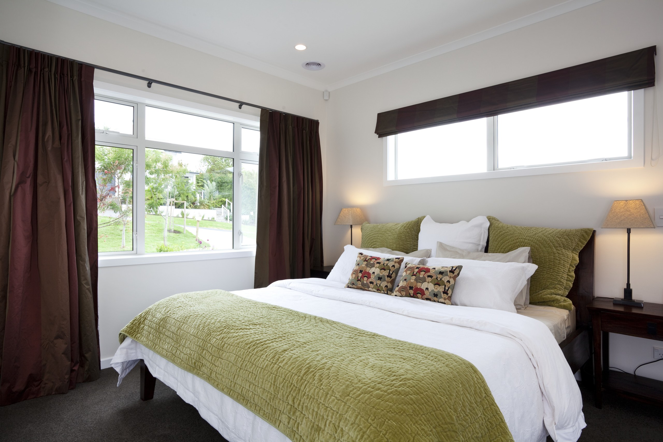 Master bedroom with white walls, dark red curtains bed frame, bedroom, ceiling, curtain, home, interior design, property, real estate, room, suite, window, window covering, window treatment, gray