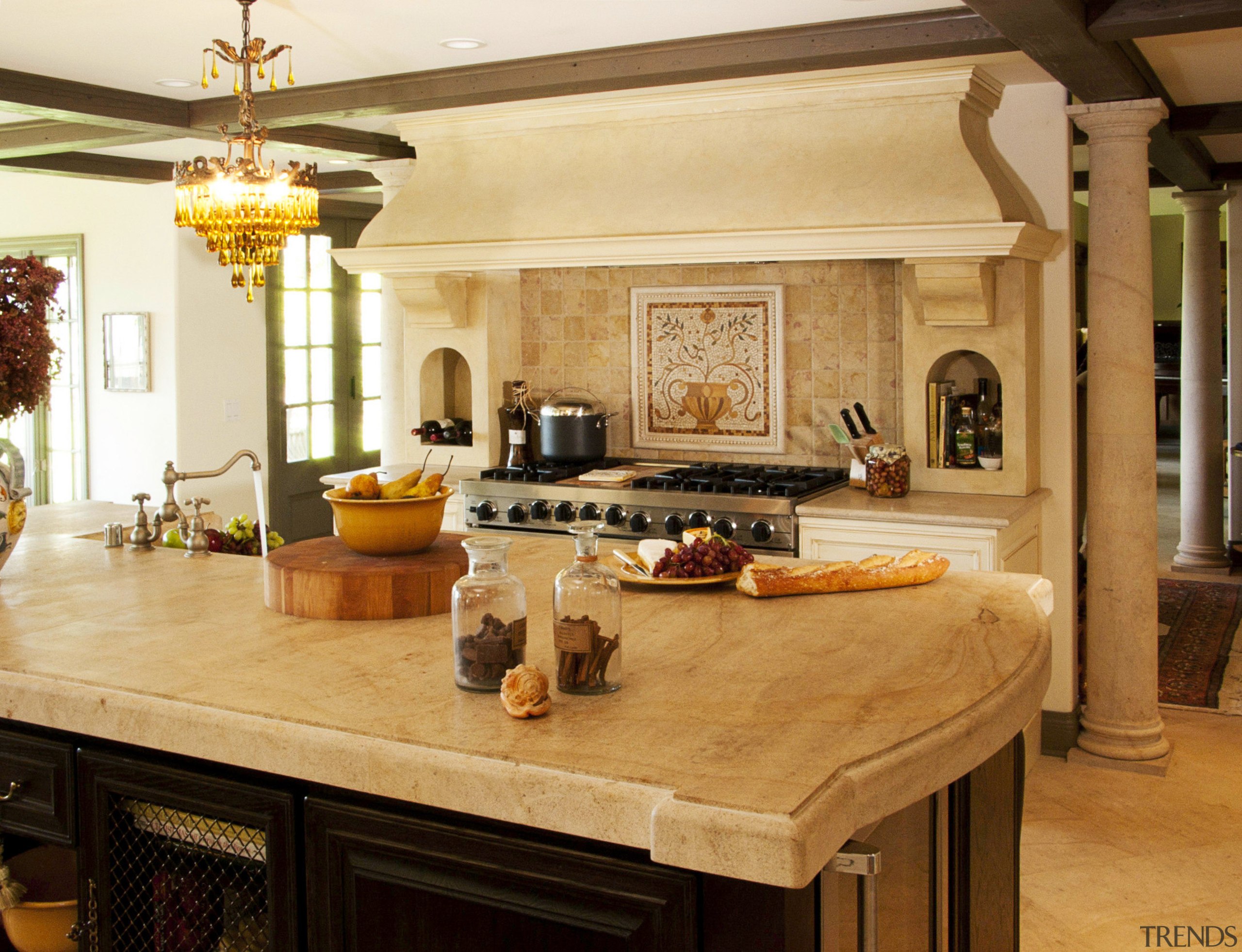 Minimizing the ornate detailing in this Provençal-style kitchen cabinetry, countertop, cuisine classique, estate, interior design, kitchen, living room, room, orange