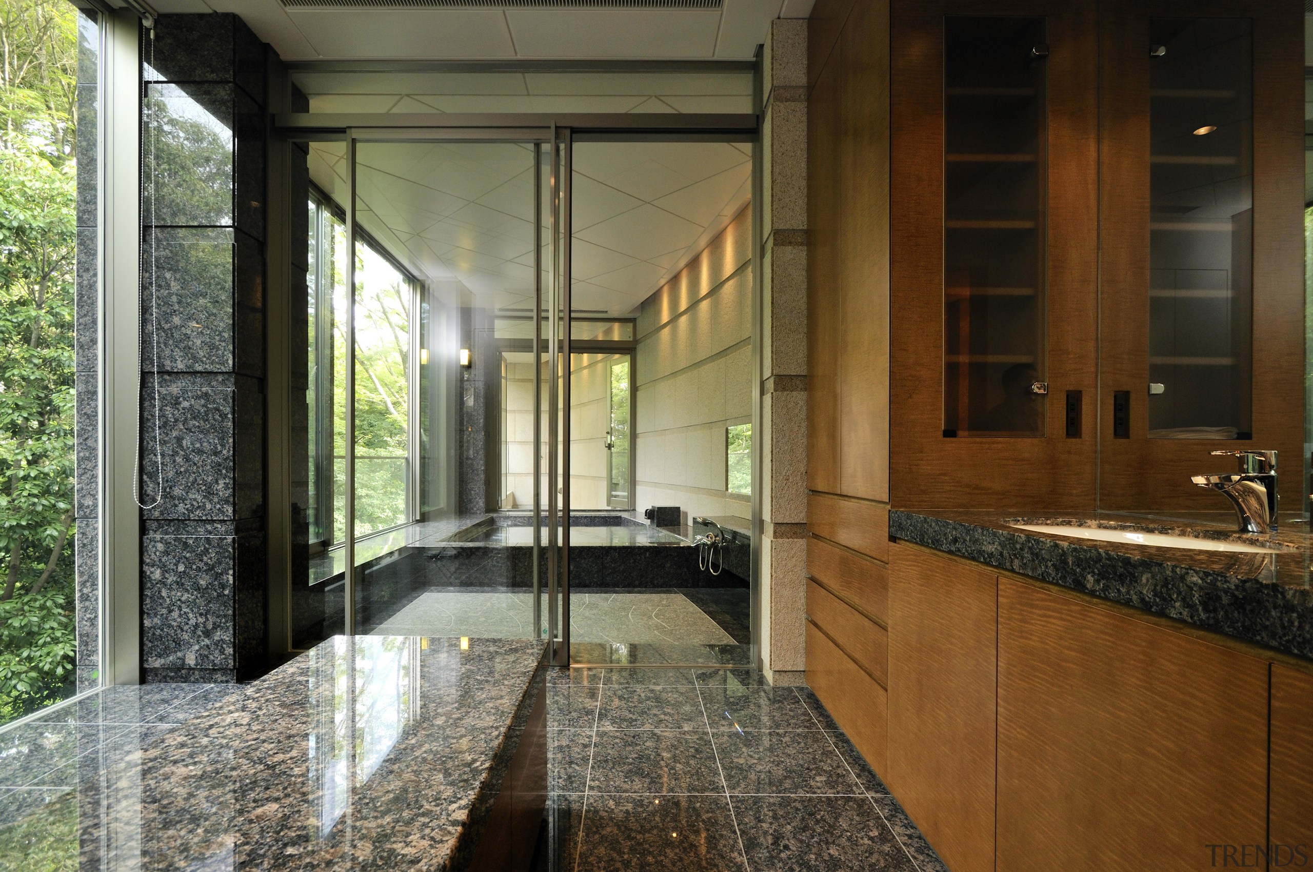 View of the bathroom which features extensive granite architecture, countertop, estate, home, house, interior design, real estate, window, brown