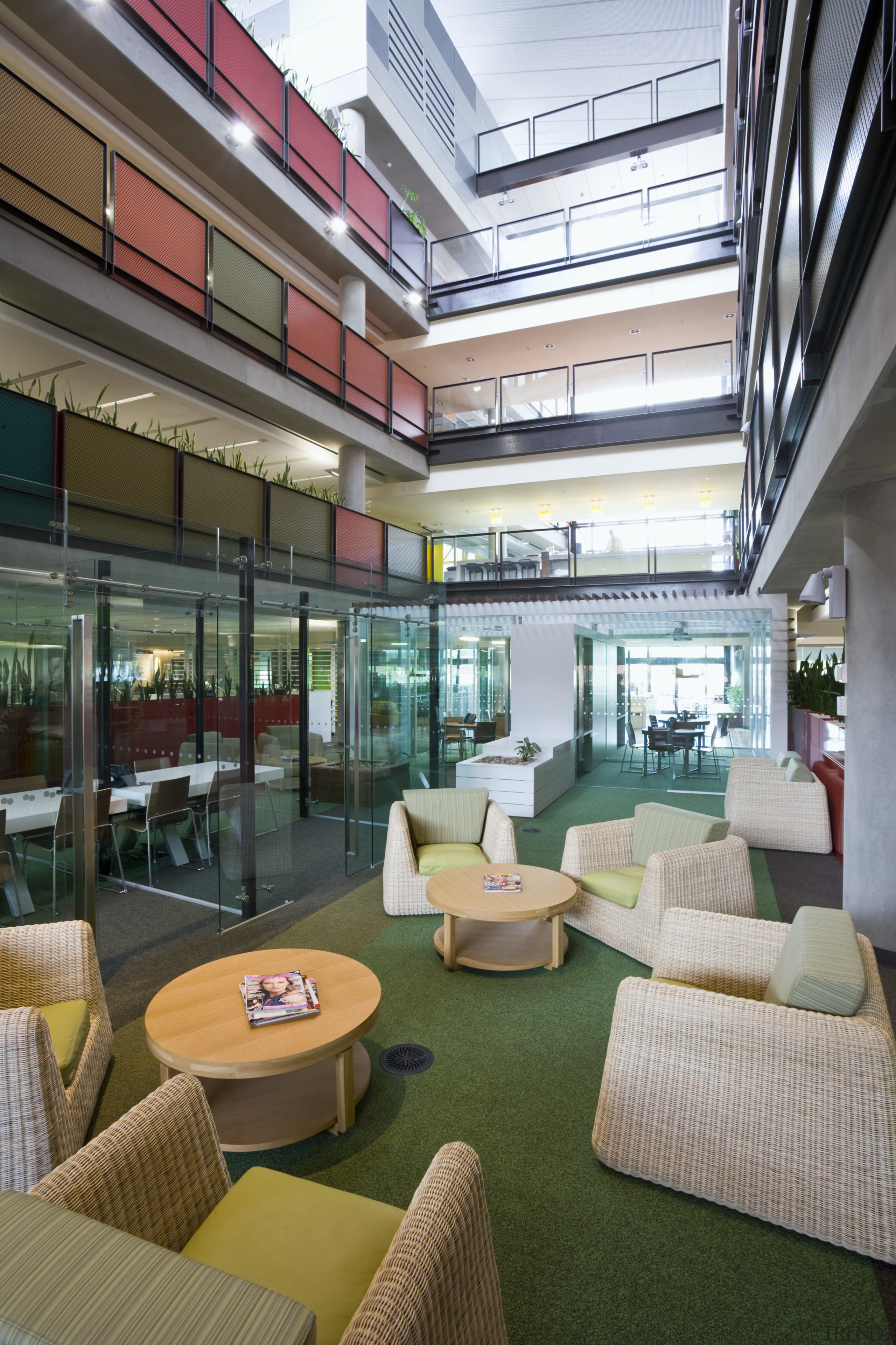 view of the sustainable Bendigo Bank offices where architecture, daylighting, interior design, lobby, real estate, gray, brown