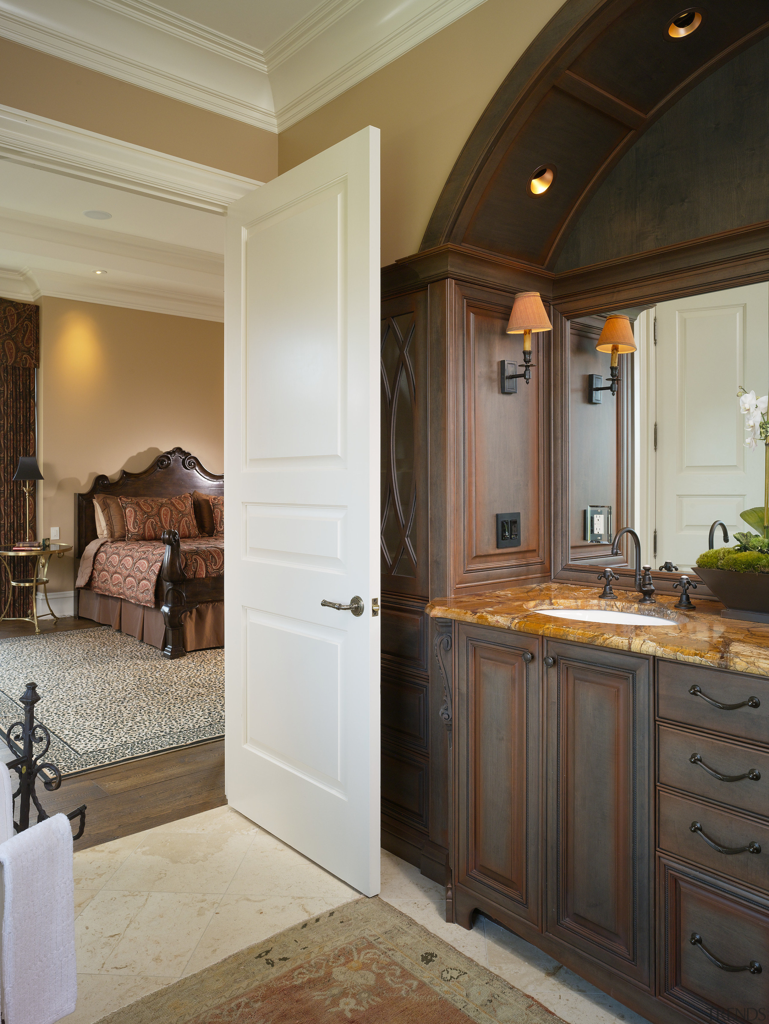 View of the master bathroom. - View of cabinetry, ceiling, countertop, cuisine classique, door, estate, floor, flooring, hardwood, home, interior design, kitchen, real estate, room, wall, window, wood flooring, wood stain, brown, gray