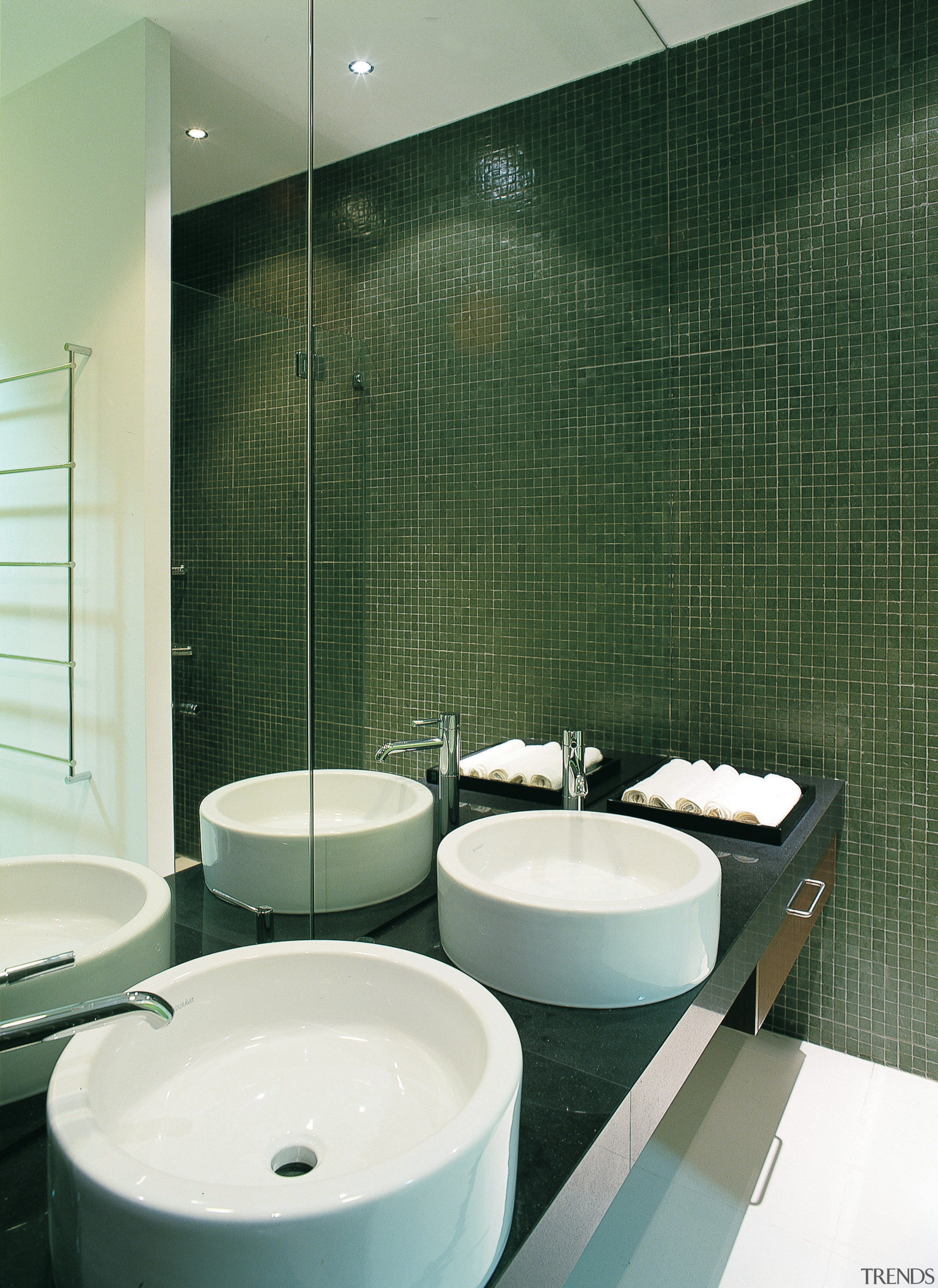 vie of this bathroom showing distinctive sculptural fixtures architecture, bathroom, ceramic, floor, glass, interior design, plumbing fixture, product design, room, sink, tile, wall, green