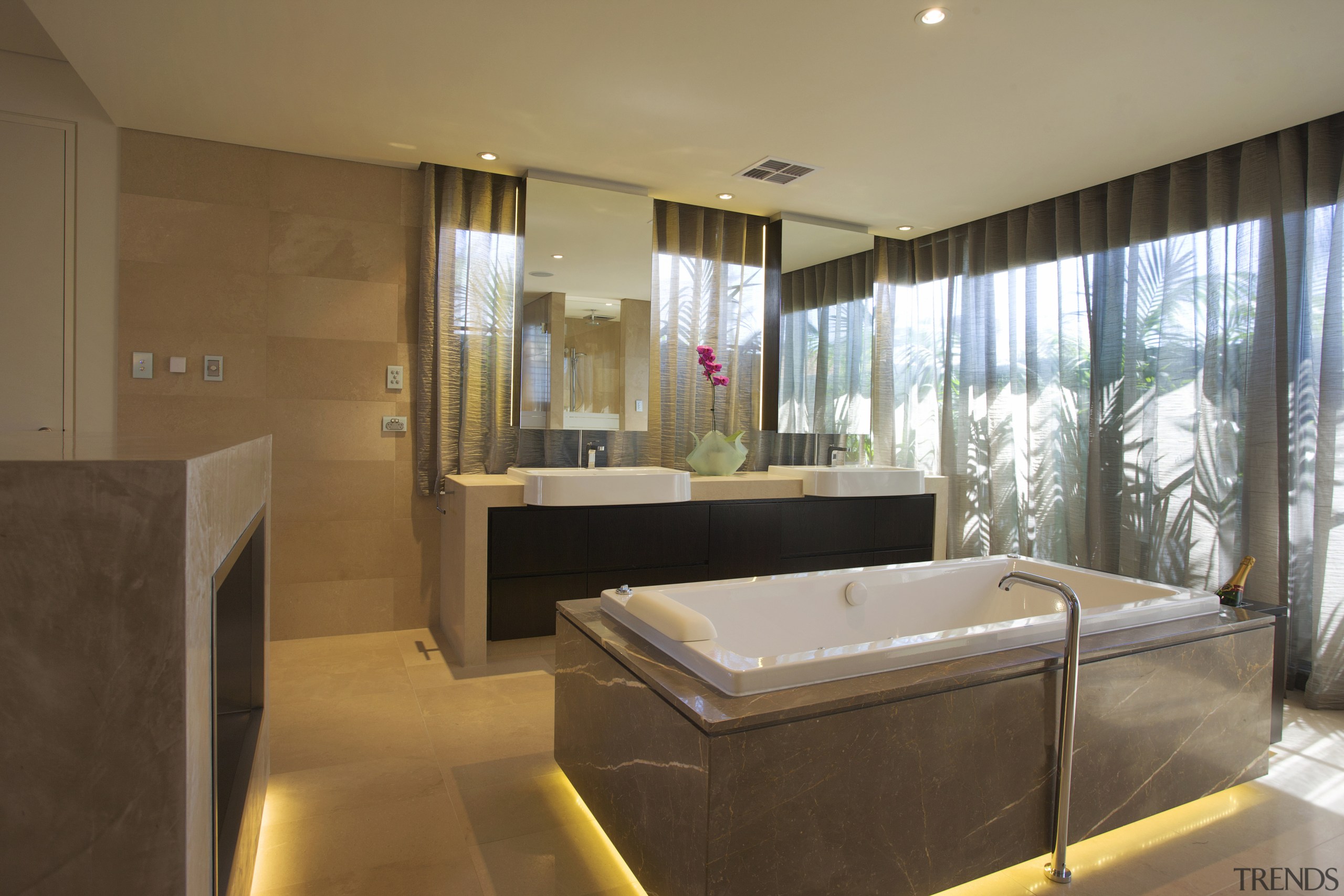 Bathroom with beige and white marble tub, beige architecture, bathroom, ceiling, interior design, real estate, room, brown