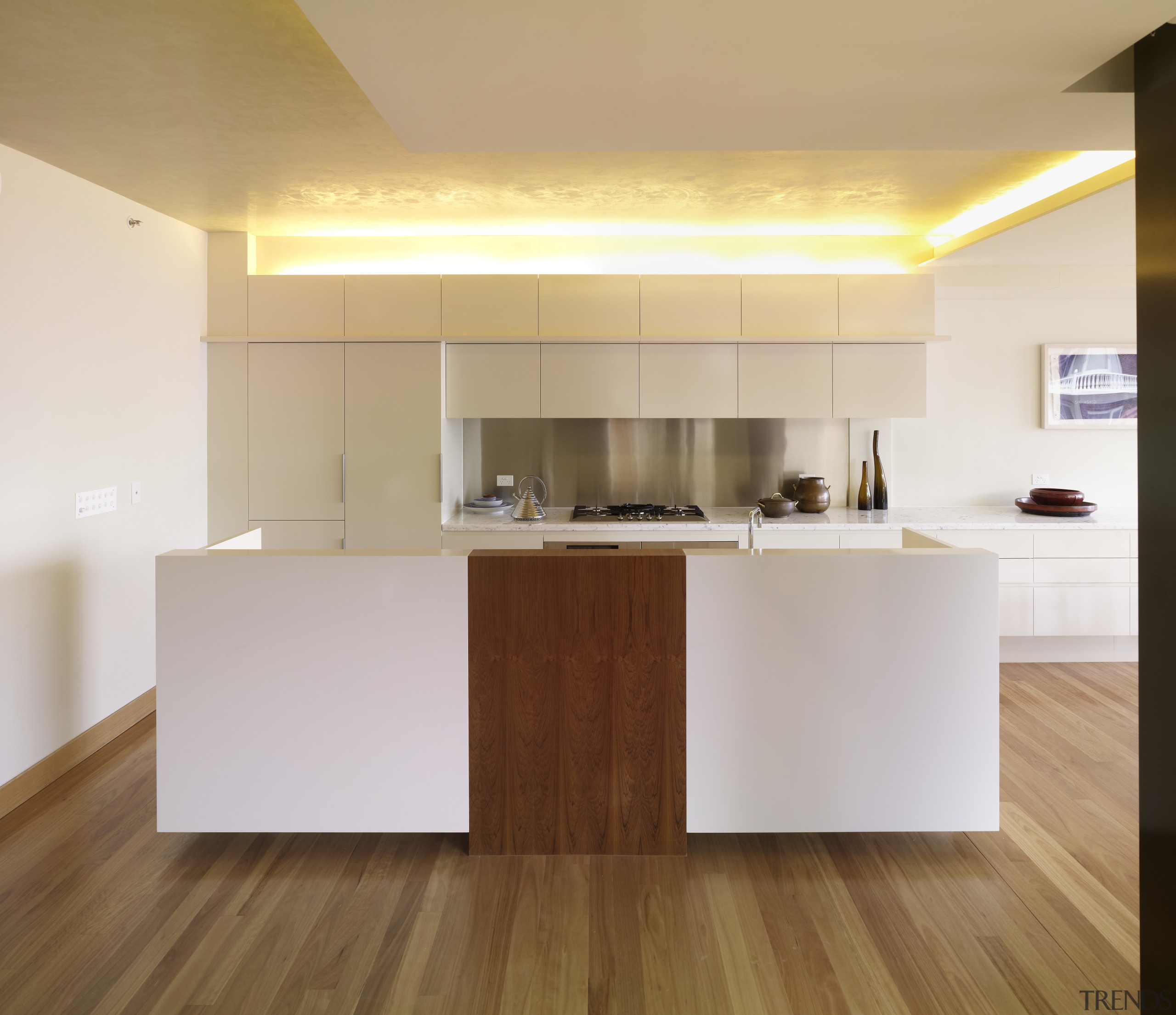 View of penthouse kitchen in restored historic building cabinetry, ceiling, countertop, floor, flooring, hardwood, interior design, kitchen, laminate flooring, plywood, product design, room, wood, wood flooring, white, orange, brown