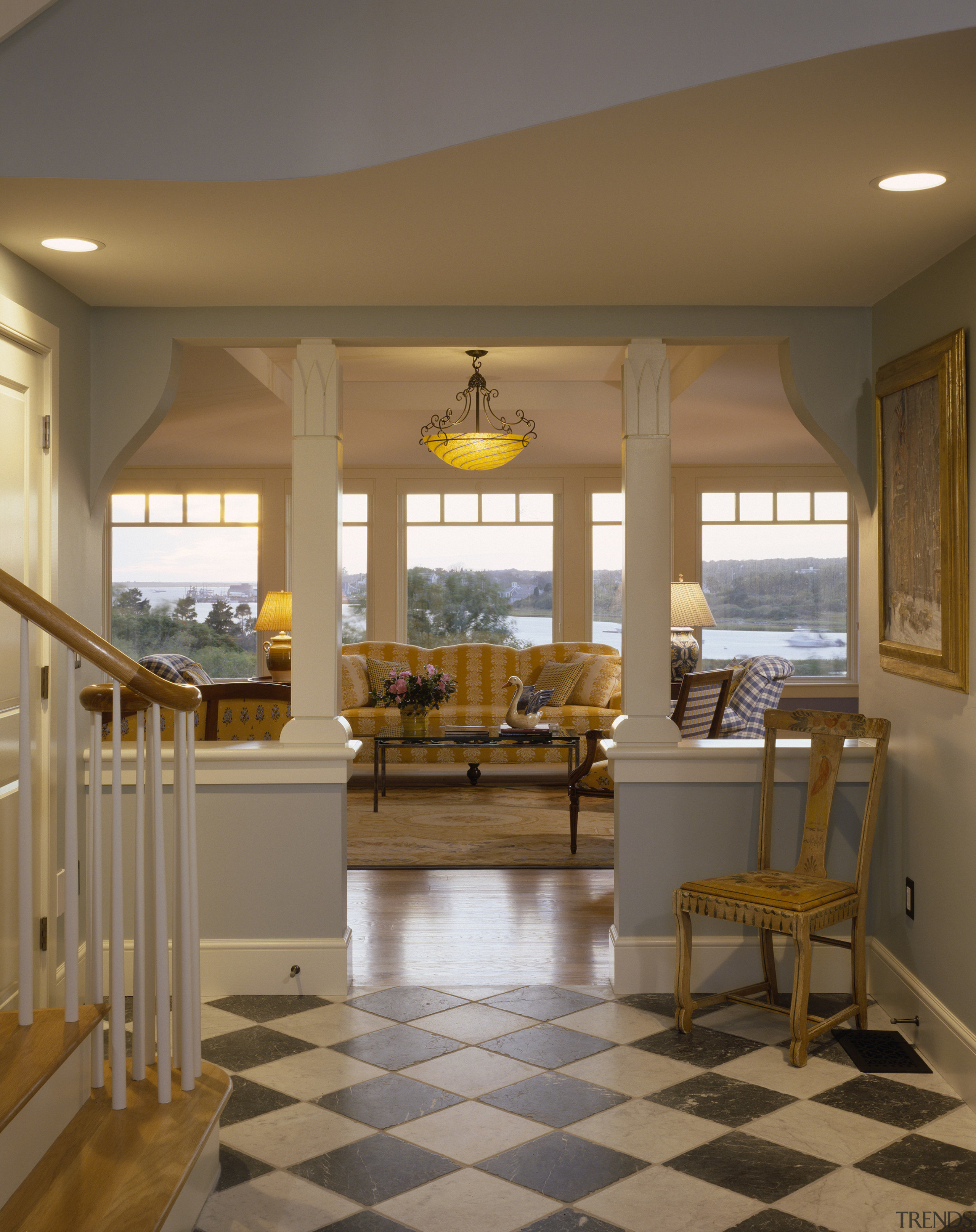 View of the entrance to the family room ceiling, floor, flooring, hardwood, home, interior design, living room, real estate, room, window, wood, wood flooring, brown