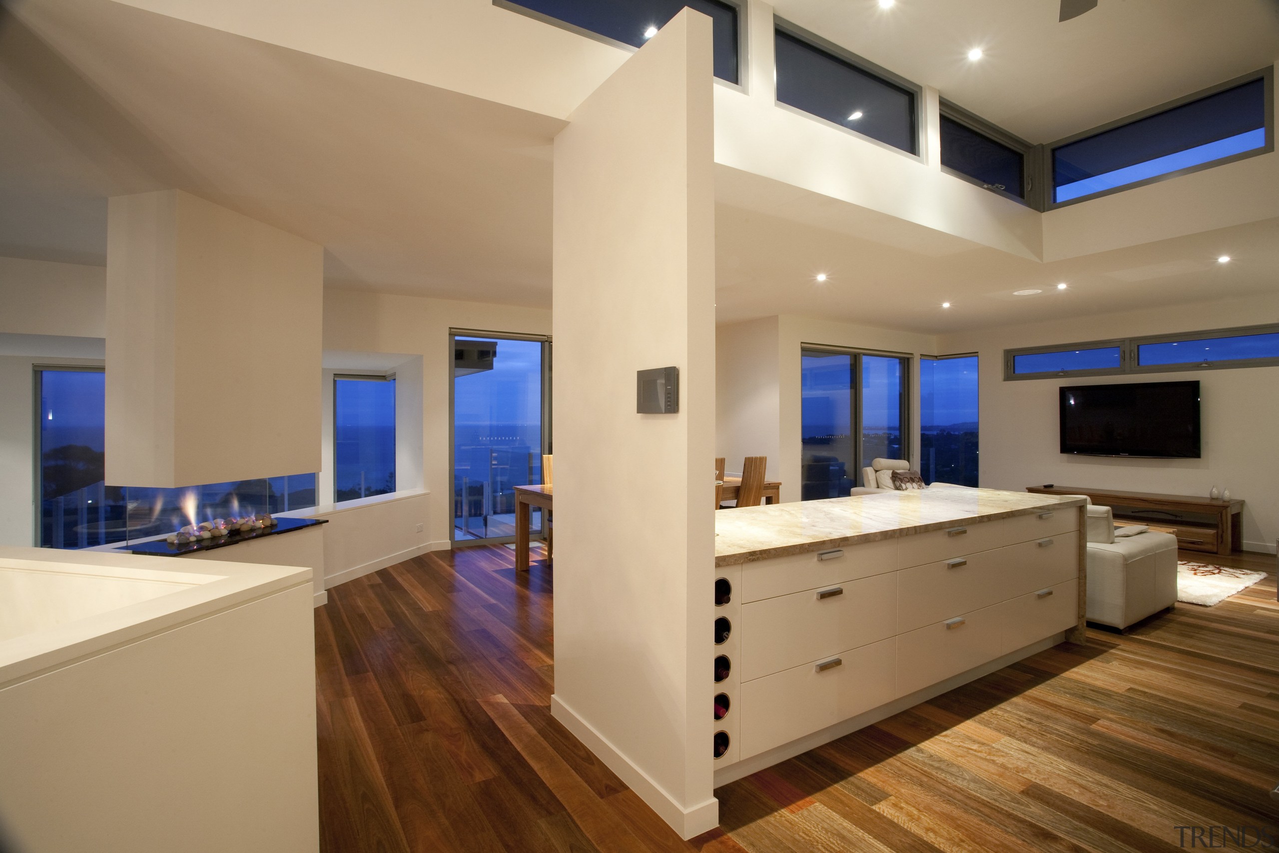 Contemporary home designed and built by Graeme Alexander ceiling, countertop, estate, floor, flooring, hardwood, interior design, kitchen, real estate, room, wood flooring, orange, brown