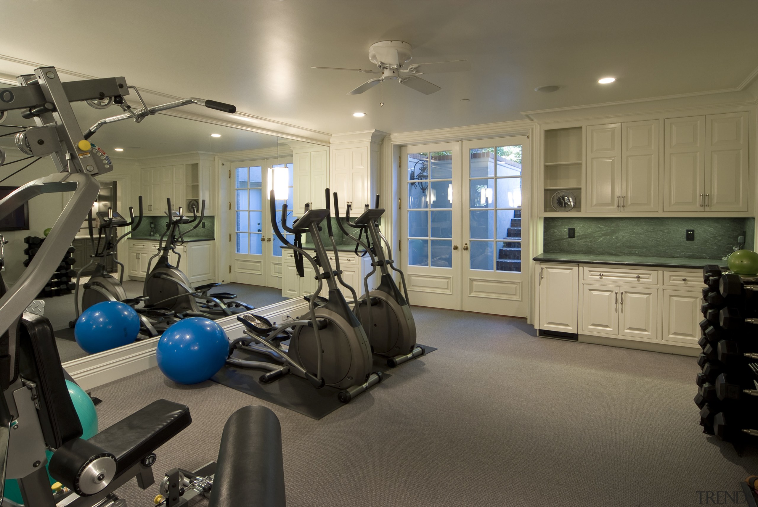 View of gym with grey flooring. - View gym, real estate, room, structure, brown