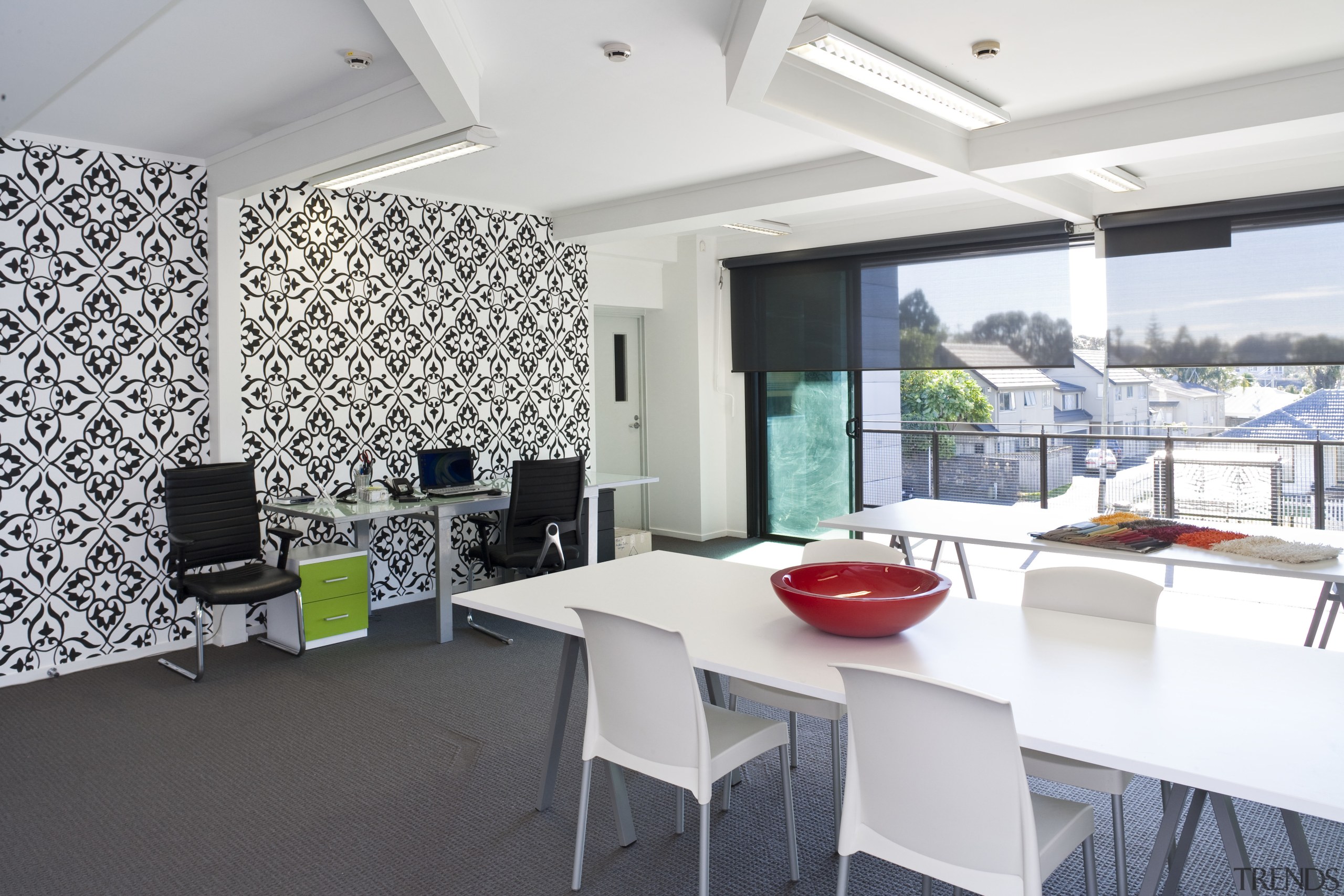 Dining area for the staff of this office apartment, architecture, ceiling, interior design, living room, real estate, table, white