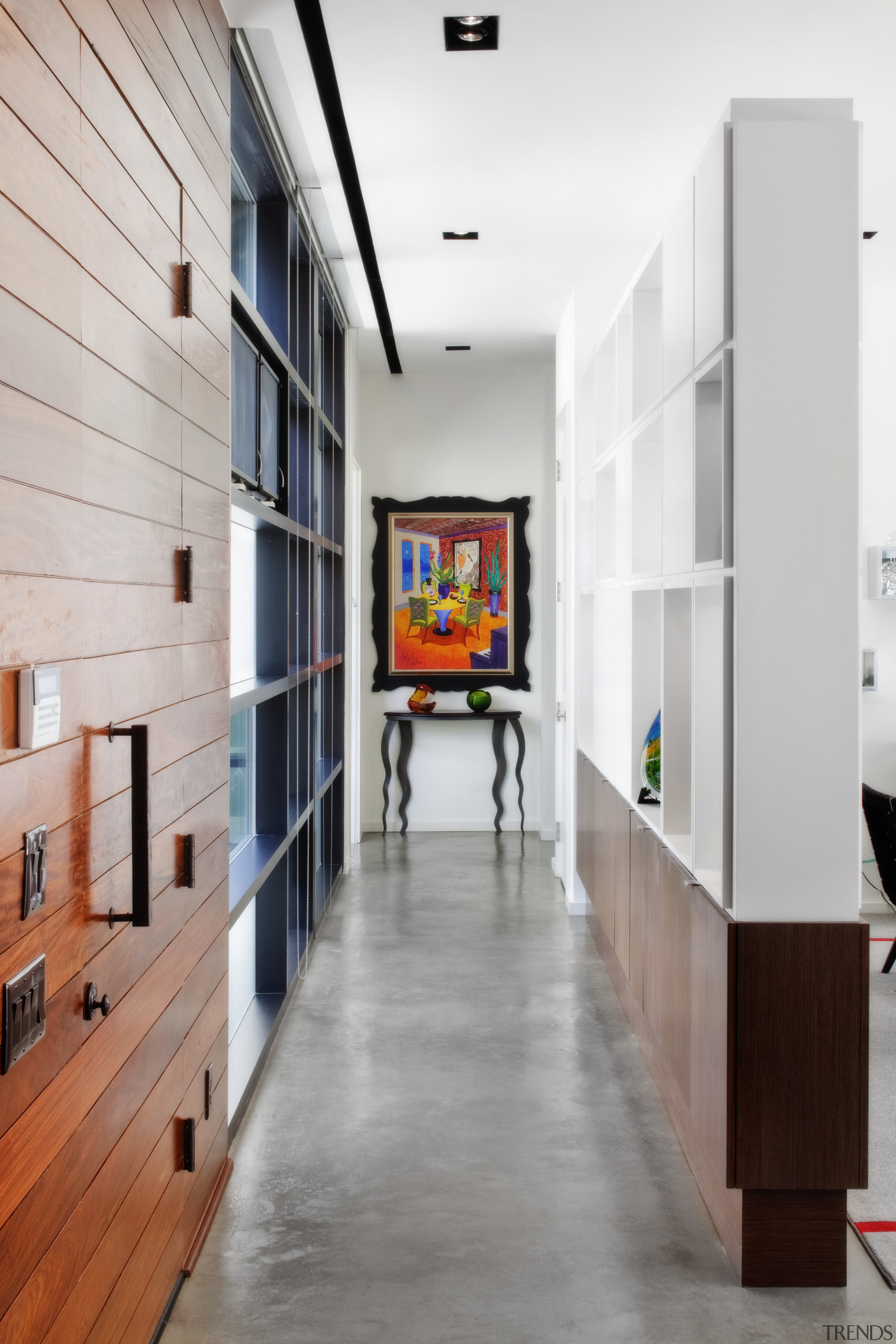 light-filled rooms and white walls. Floor-to-ceiling windows let architecture, ceiling, floor, flooring, furniture, interior design, loft, shelf, shelving, white